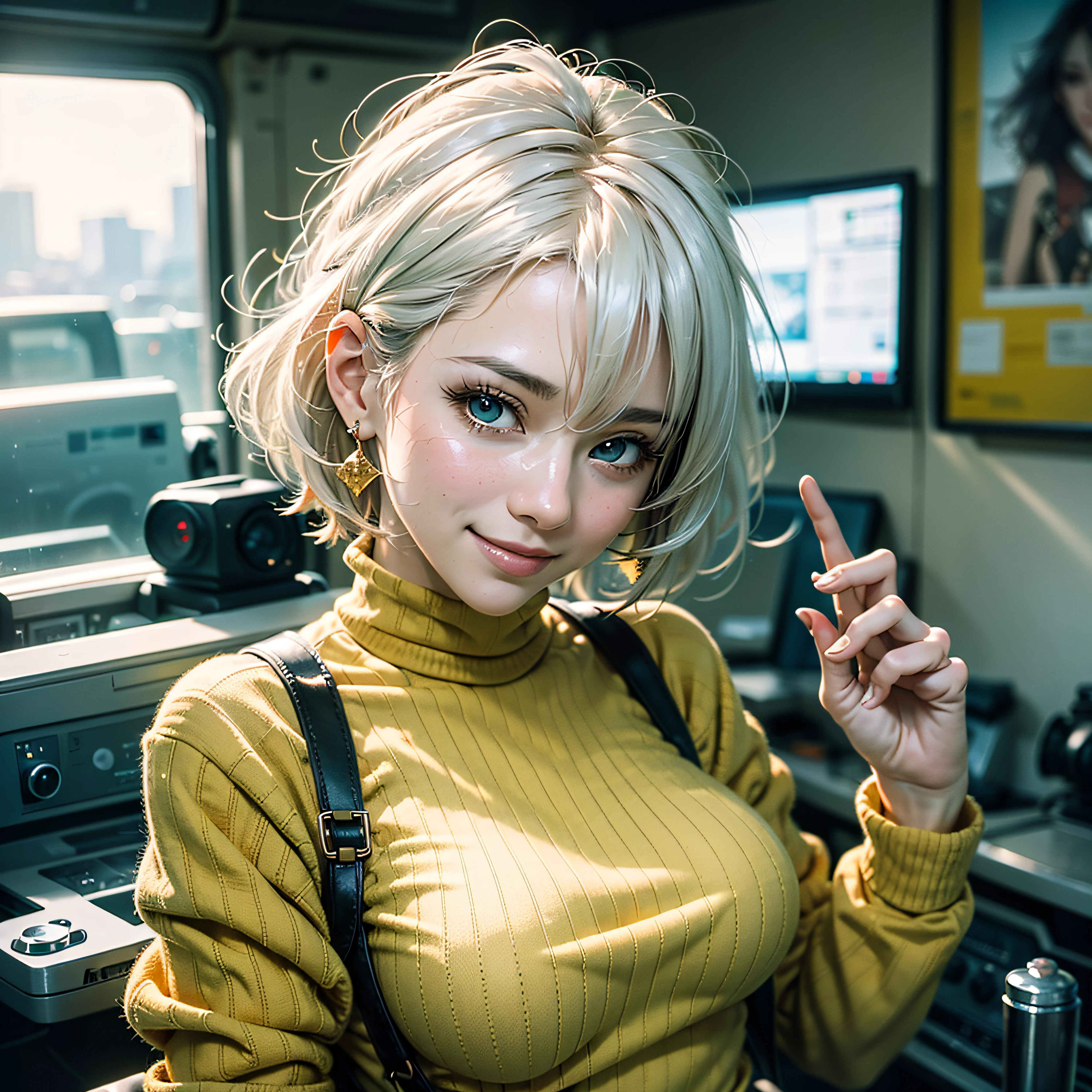 all body、white-haired、(Dragoon: 1.2)、Brantovan、A Masterpiece、maximum quality、Official Art、Highly elaborate CG Unity 8K wallpapers、For girls、hyper high resolution、(photo-realistic:1.4)、Golden Hour Lighting、Sweater Dresses、(upper half body)、(Platinum Shorthair:0.8)、(Puffy eyes)、looking a viewer、Front-facing、a smiling look、medium tits、Gentle smile、shirt lift、Luxurious interior