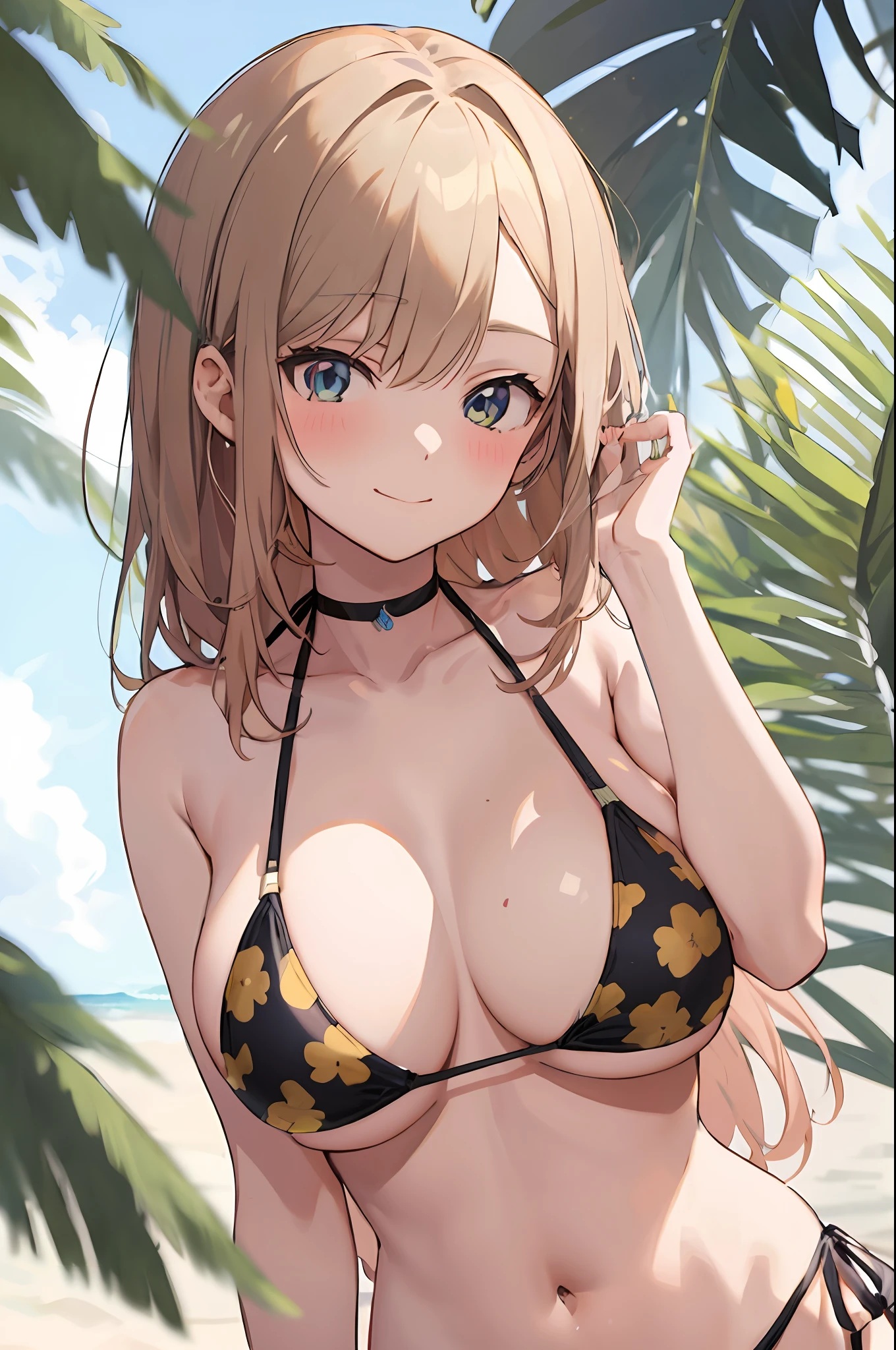 anime girl in a bikini posing on the beach with palm trees, Seductive anime girl, at beach, attractive anime girl, at beach, beautiful anime girl, at beach, (Anime Girl), ecchi, realistic bikini, pretty anime girl, Fine details. girls' frontline, Cute Anime Girl, from girls frontline, on a sunny beach, oppai, Swimsuit
