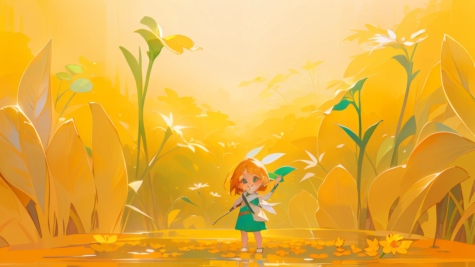 A painting of a standing in a flower field, Child with,Small safflower,Big flowers,Facial smile,High-precision illustration of leaves,Jungle petal detail