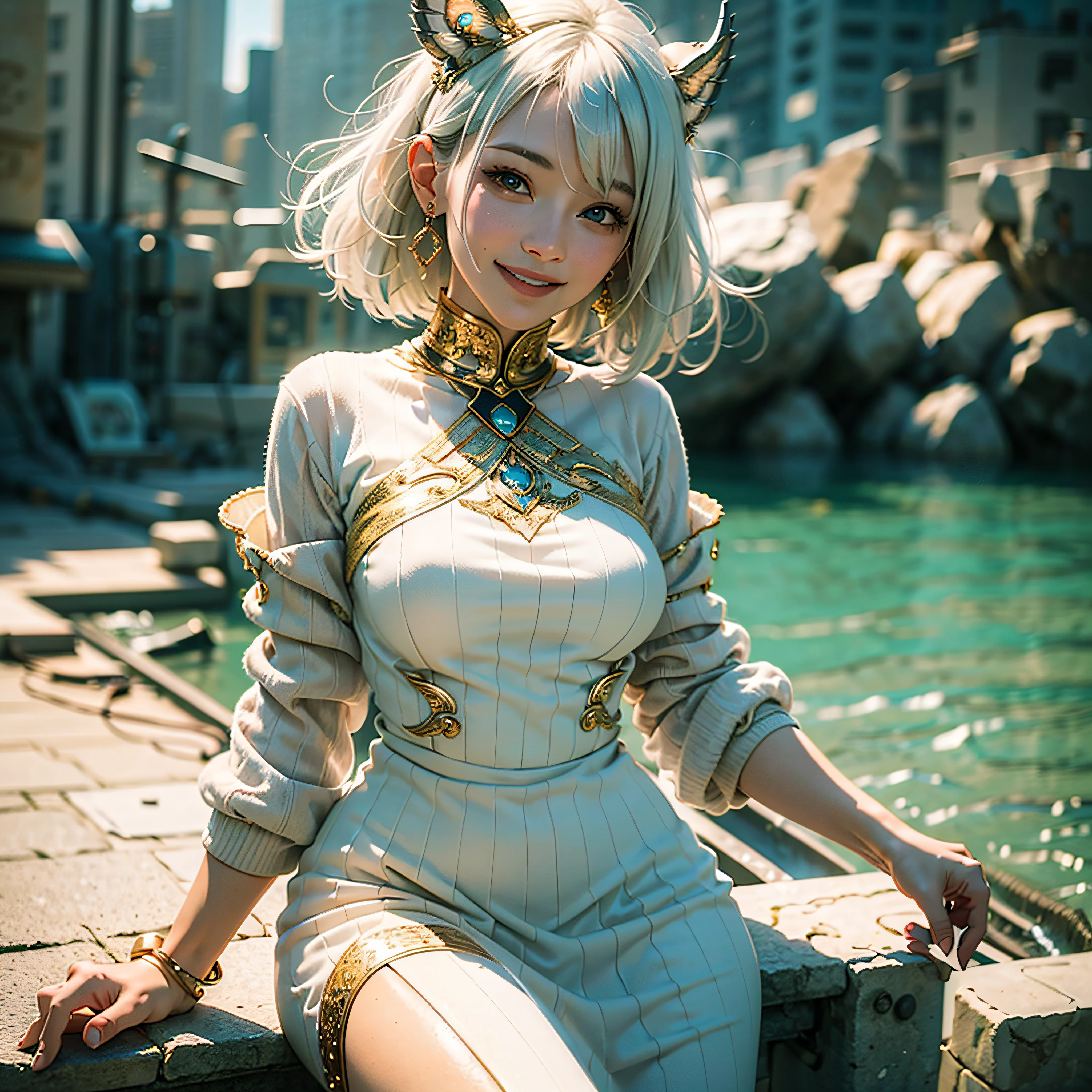 all body、white-haired、(Dragoon: 1.2)、Brantovan、A Masterpiece、maximum quality、Official Art、Highly elaborate CG Unity 8K wallpapers、For girls、hyper high resolution、(photo-realistic:1.4)、Golden Hour Lighting、Sweater Dresses、(upper half body)、(Platinum Shorthair:0.8)、(Puffy eyes)、looking a viewer、Front-facing、a smiling look、medium tits、Gentle smile、shirt lift、Luxurious interior