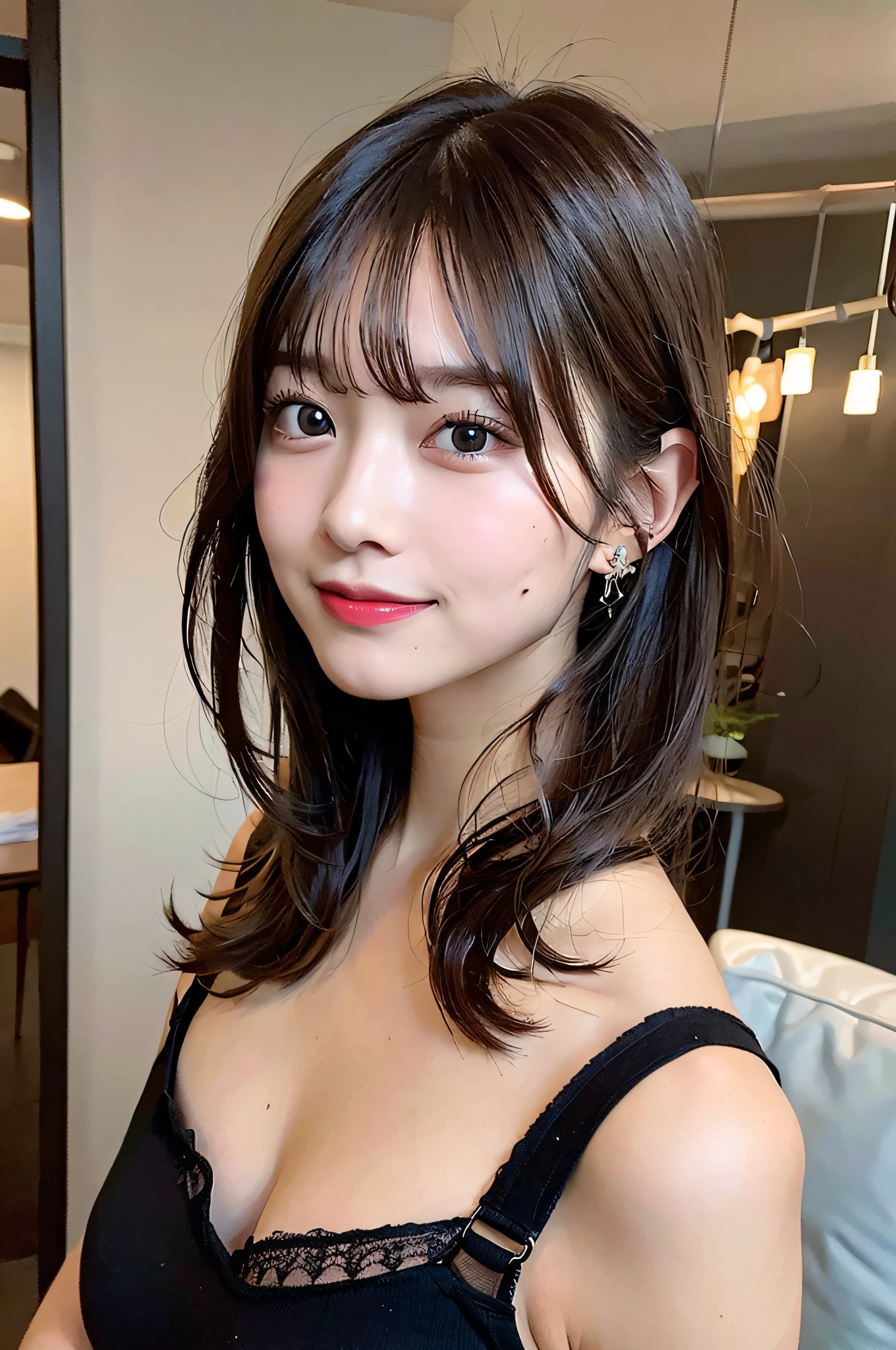 masterpiece,masterpiece, top quality, best quality, realistic, unity, 8k wallpaper, official art, extremely detailed CG unity 8k wallpaper, ulzzang-6500, (original: 1.2), (realistic: 1.4), ultra detail, high resolution, ultra detailed,amazing, fine detail, cinematic lighting,
(1girl:1.4 ), (brown|black hair:1.4), medium hair, (realistic skin:1.2), (light brown skin:1.2),(small breasts), beautiful girl with beautiful details, extremely detailed eyes and face, eyes with beautiful details, huge file size, ultra detailed and beautiful, blushing, ashamed,(smile:1.2), black eyes, model shoot tyle, full body shoot, (random color lace underwear), earings, chain necklace, loft apartment, living room, (almost empty room),