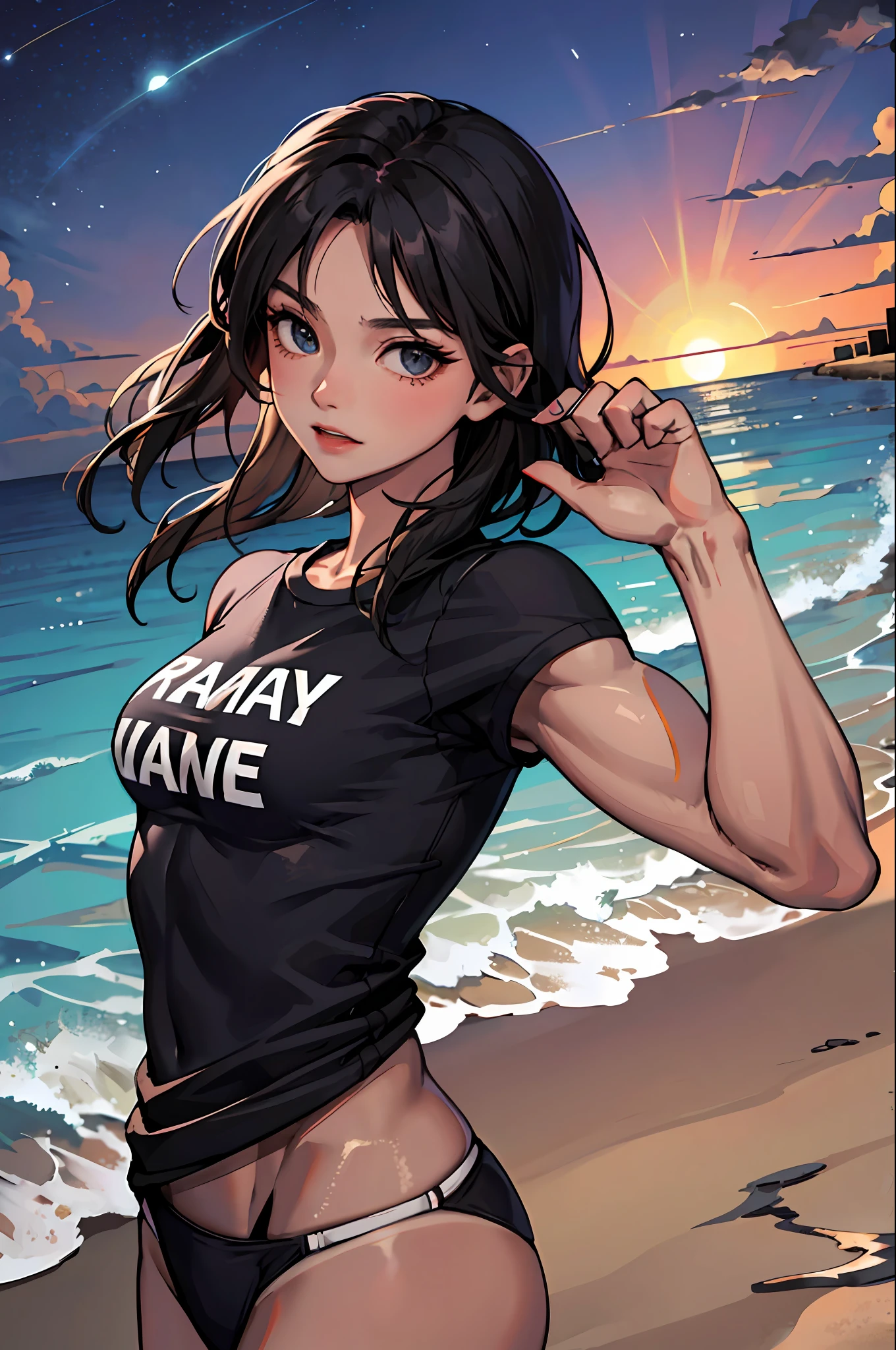 (A Masterpiece:1.2、maximum quality), (1 Lady、solo、upper half body:1.2), Hair:Black shorthair, clothing:Black Micro Bikini、Black T-shirt、Training on the beach at dusk、Muscle training、Tanned skin、a muscular、Meteor swarm、Bodybuilding Poses、small  breasts