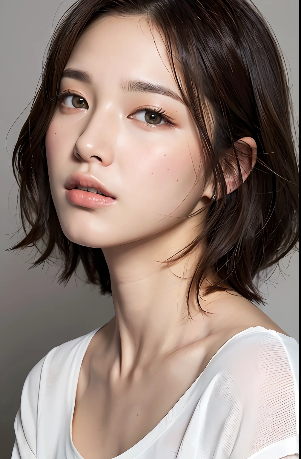 (Ultra Real), (Illustration), (High Resolution), (8K), (Very Detailed), (Best Illustration), (Beautiful Detailed Eyes), (Best Quality), (Ultra Detailed), (Masterpiece), (Wallpaper), (Detailed Face), Droopy Eyes, Upper Body Up, Short Hair, Inner Color, Solo, Japan Person, White T-Shirt
