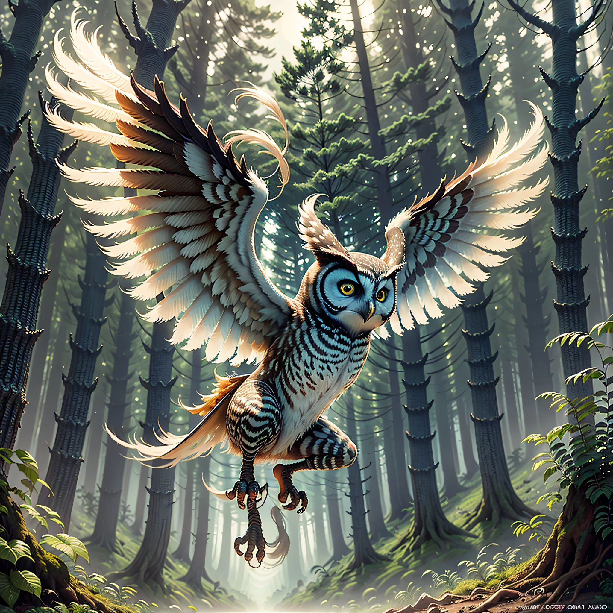White owl flying through the sky in a forest, Cinematic setting, profundidade de campo, de noite, luz da lua cheia, hiperrealista