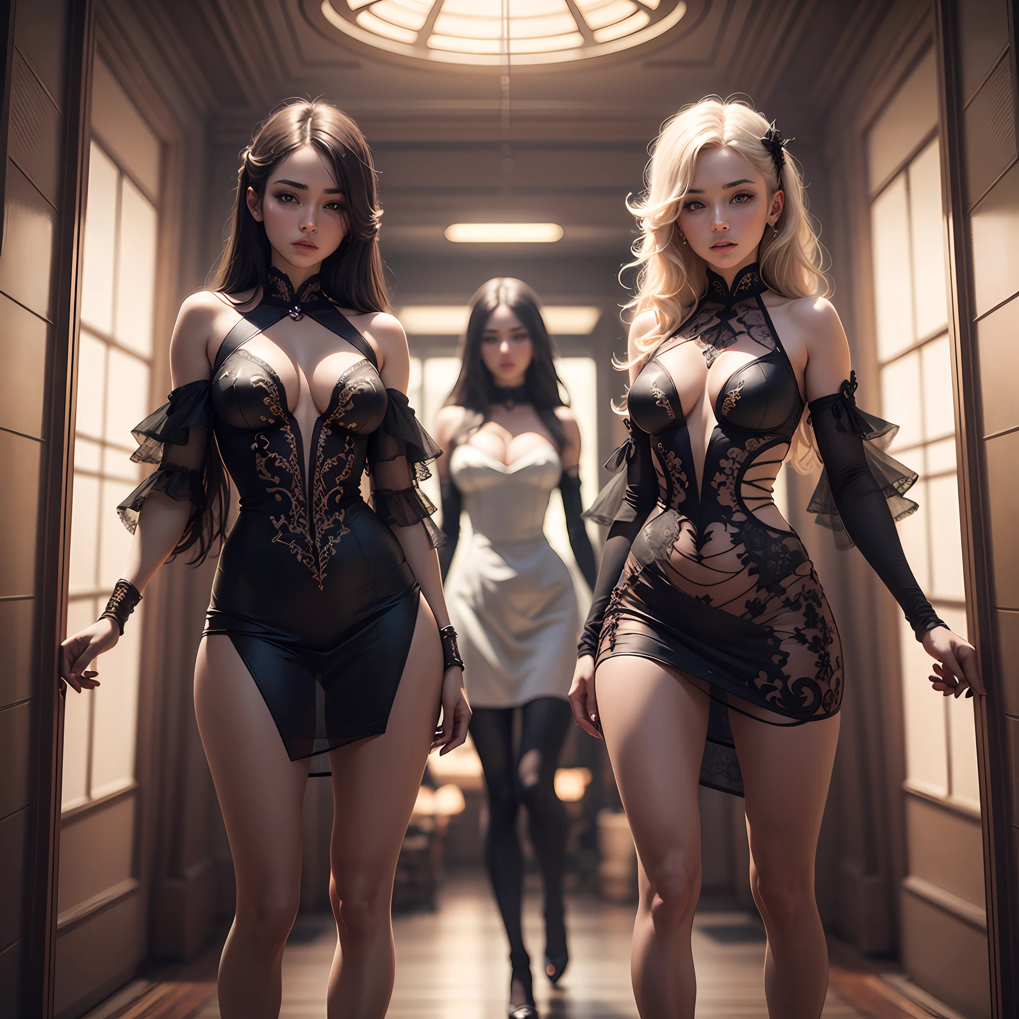 point of view, 3 girls, full body, dramatic lighting, cinematic photography, professional shot, master piece, real, perfect body, perfect face, intricate face and body, messy hair, beautiful dress, --auto --s2