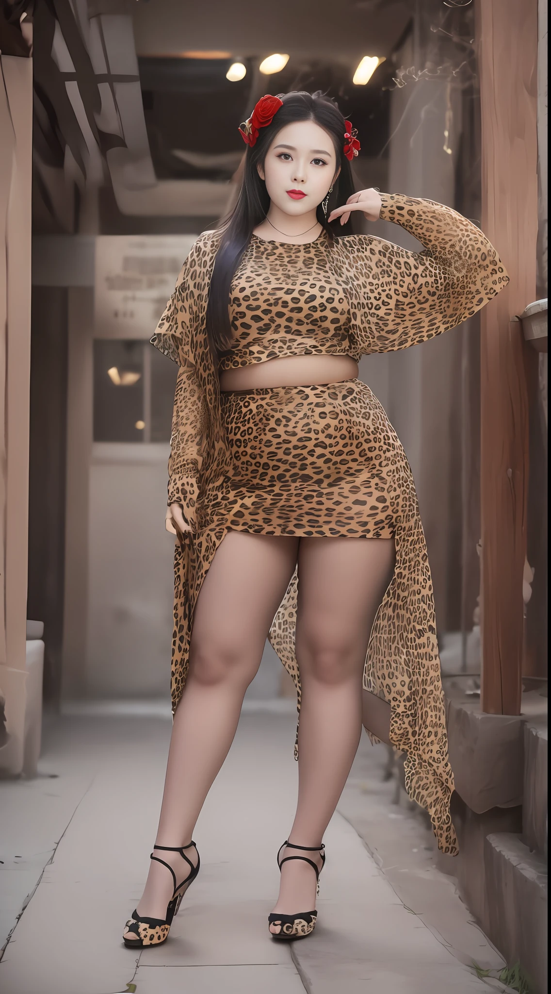 Tall plus-size cute girl，Leopard print T-shirt＋Leopard print skirt，Well-proportioned，Tall one，Chubby cute girl，mannequin，Red high-heeled leather shoes👠，Height 180cm，Height 180cm，Long legs，silk stockings，Low angle shooting