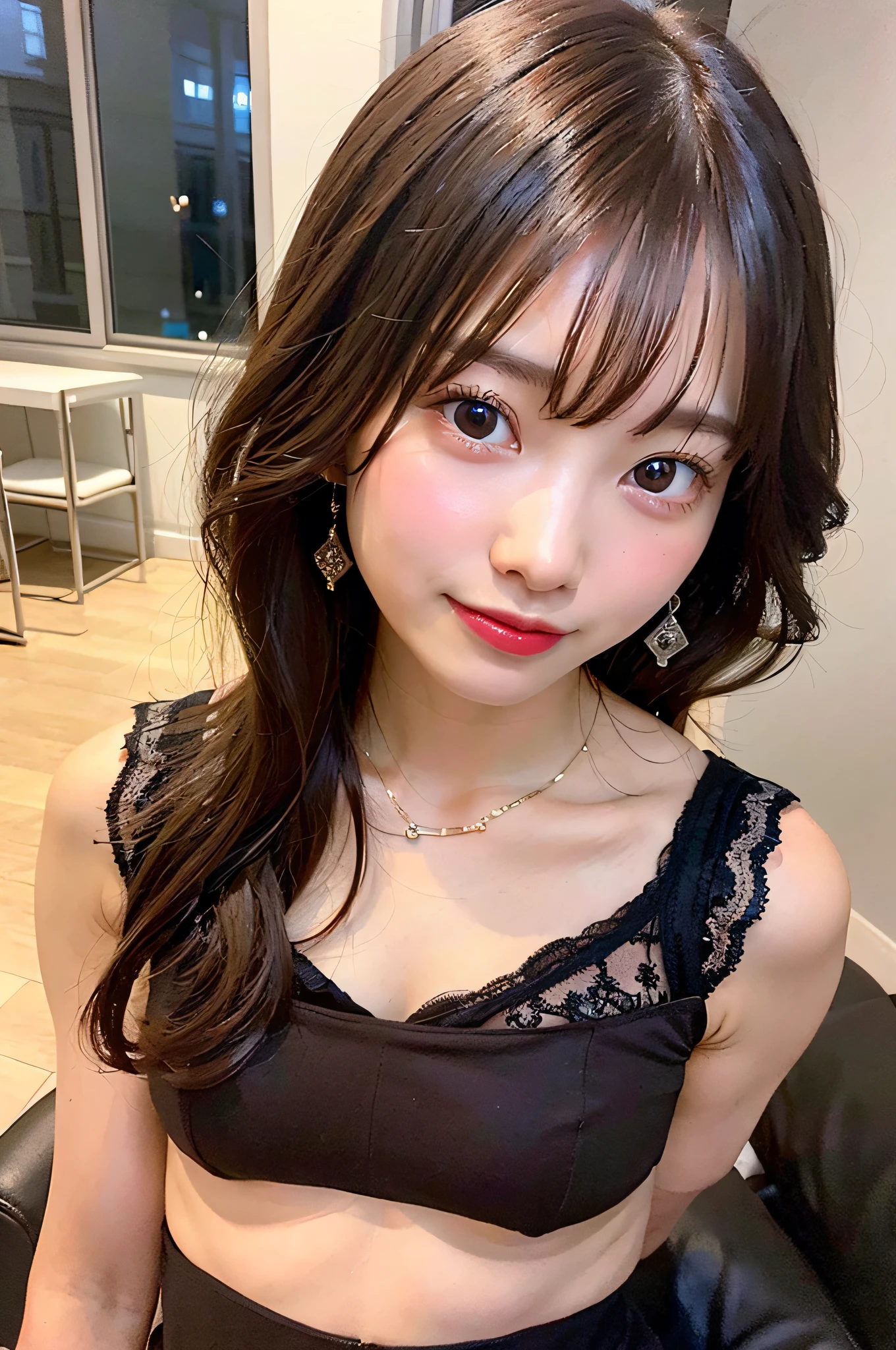 masterpiece,masterpiece, top quality, best quality, realistic, unity, 8k wallpaper, official art, extremely detailed CG unity 8k wallpaper, ulzzang-6500, (original: 1.2), (realistic: 1.4), ultra detail, high resolution, ultra detailed,amazing, fine detail, cinematic lighting,
(1girl:1.4 ), (brown|black hair:1.4), medium hair, (realistic skin:1.2), (light brown skin:1.2),(small breasts), beautiful girl with beautiful details, extremely detailed eyes and face, eyes with beautiful details, huge file size, ultra detailed and beautiful, blushing, ashamed,(smile:1.2), black eyes, model shoot tyle, full body shoot, (random color lace underwear), earings, chain necklace, loft apartment, living room, (almost empty room),