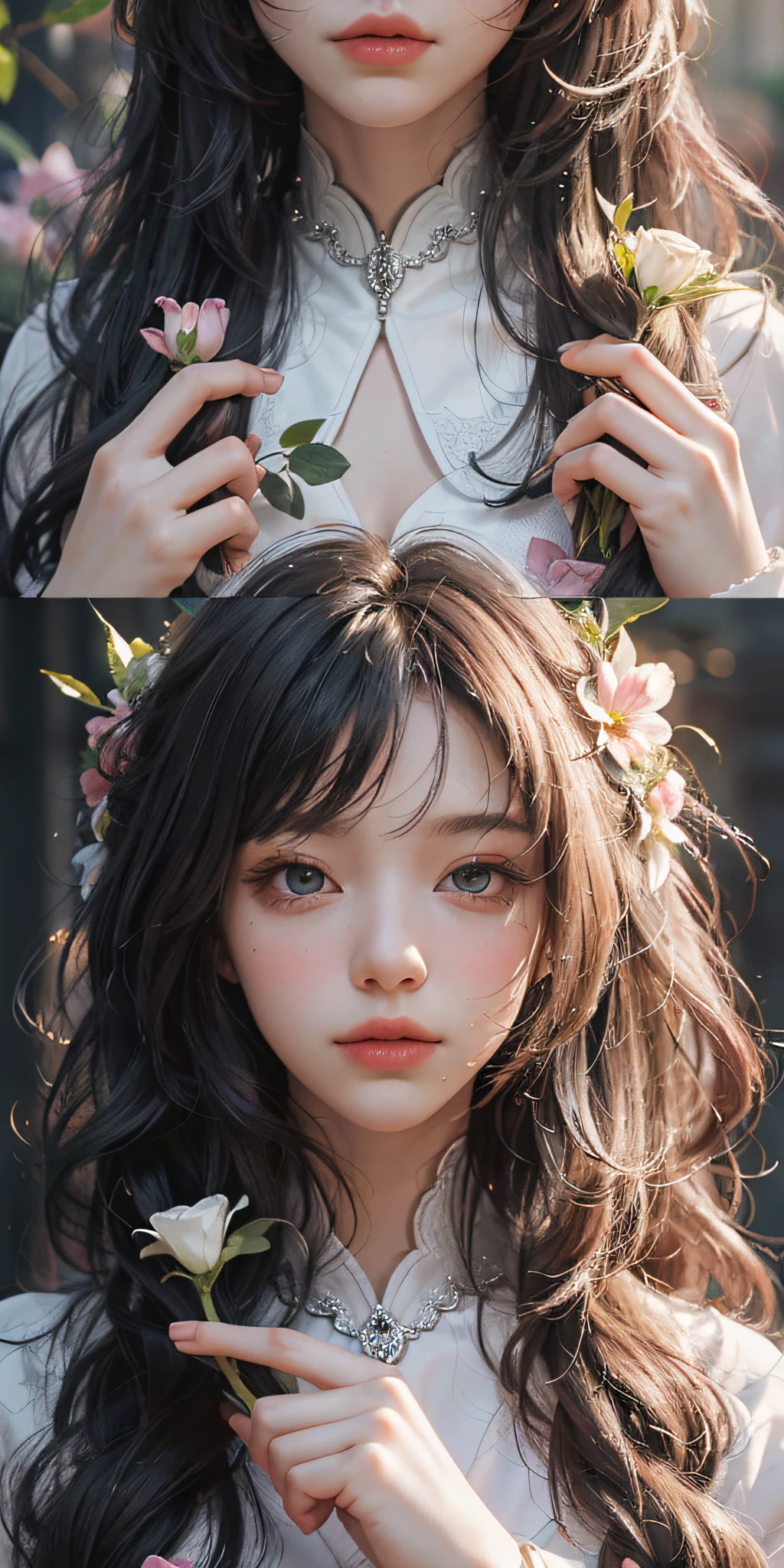 (absurdres, highres, ultra detailed), 1girl, mature female, wavy blonde hair, long hair, blunt bangs, green eyes, pink dress, finely detailed eyes and detailed face, extremely detailed CG unity 8k wallpaper, intricate details, BREAK , kaleidoscopic imagery, symmetrical patterns, vibrant colors, geometric shapes, mesmerizing designs, optical illusions, dynamic composition BREAK , pantomime art, expressive body language, silent storytelling, evocative gestures, visual narratives, theatrical performances BREAK , blooming flowers, colorful petals, fragrant scents, nature's bounty, vibrant gardens, peaceful scenery