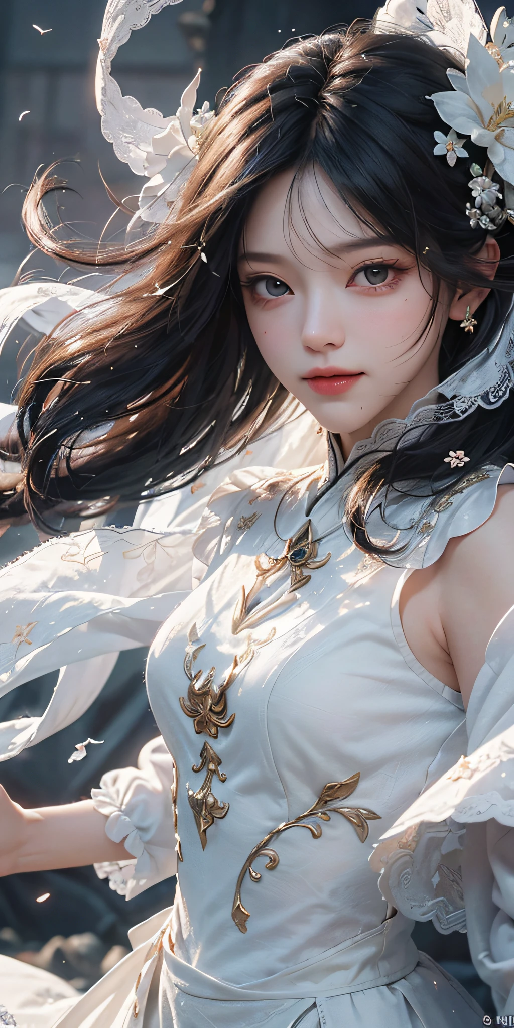 (Masterpiece, top quality, best, official art, beautiful and aesthetic, long exposure: 1.2), smooth movement, captivating pattern, 1 girl, (long skirt with sleeves: 1.3), (((white clothes))), upper body close-up, no shoulders, chinese girl, blush, black lob hair, portrait, solo, upper body, long white hair, slender legs, smile, close-up of face, ultra-wide angle, gaze observer, detailed background, detailed face, (crystallineAI, crystalline theme: 1.1), elemental wind sprite, spinning wind, control wind, white crystal clothes, dynamic pose, floating particles, ethereal power, whirlwind, steam, whirlwind in background, white tone, whirlwind, ethereal atmosphere,