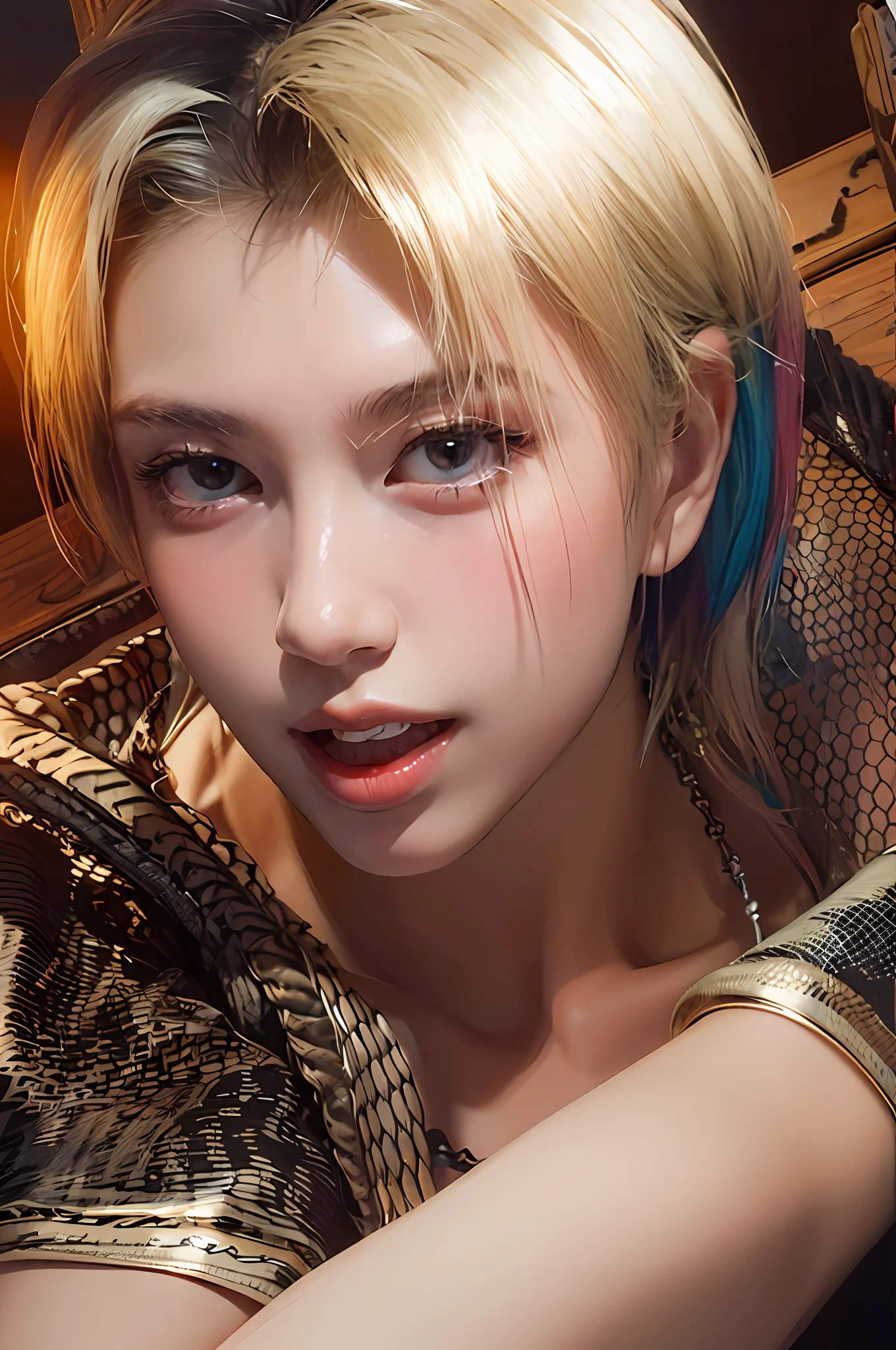 Colorful hair,blunt bangs、a 1girl,solo,blond hair、photo-realistic, with high resolution, 1 Girls, Straight、Colorful hair color, Korean, ruins