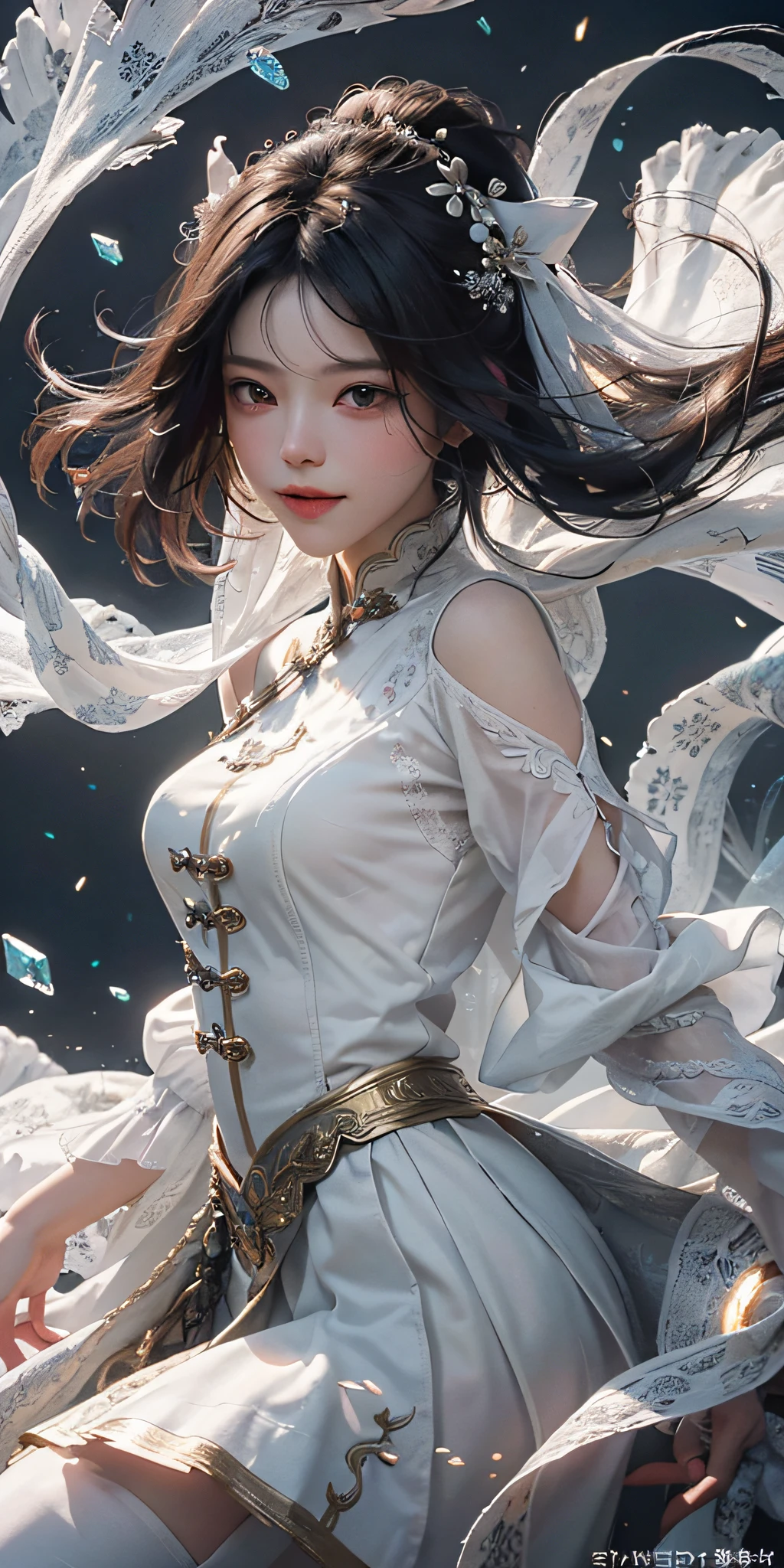 (Masterpiece, top quality, best, official art, beautiful and aesthetic, long exposure: 1.2), smooth movement, captivating pattern, 1 girl, (long skirt with sleeves: 1.3), (((white clothes))), upper body close-up, no shoulders, chinese girl, blush, black lob hair, portrait, solo, upper body, long white hair, slender legs, smile, close-up of face, ultra-wide angle, gaze observer, detailed background, detailed face, (crystallineAI, crystalline theme: 1.1), elemental wind sprite, spinning wind, control wind, white crystal clothes, dynamic pose, floating particles, ethereal power, whirlwind, steam, whirlwind in background, white tone, whirlwind, ethereal atmosphere,