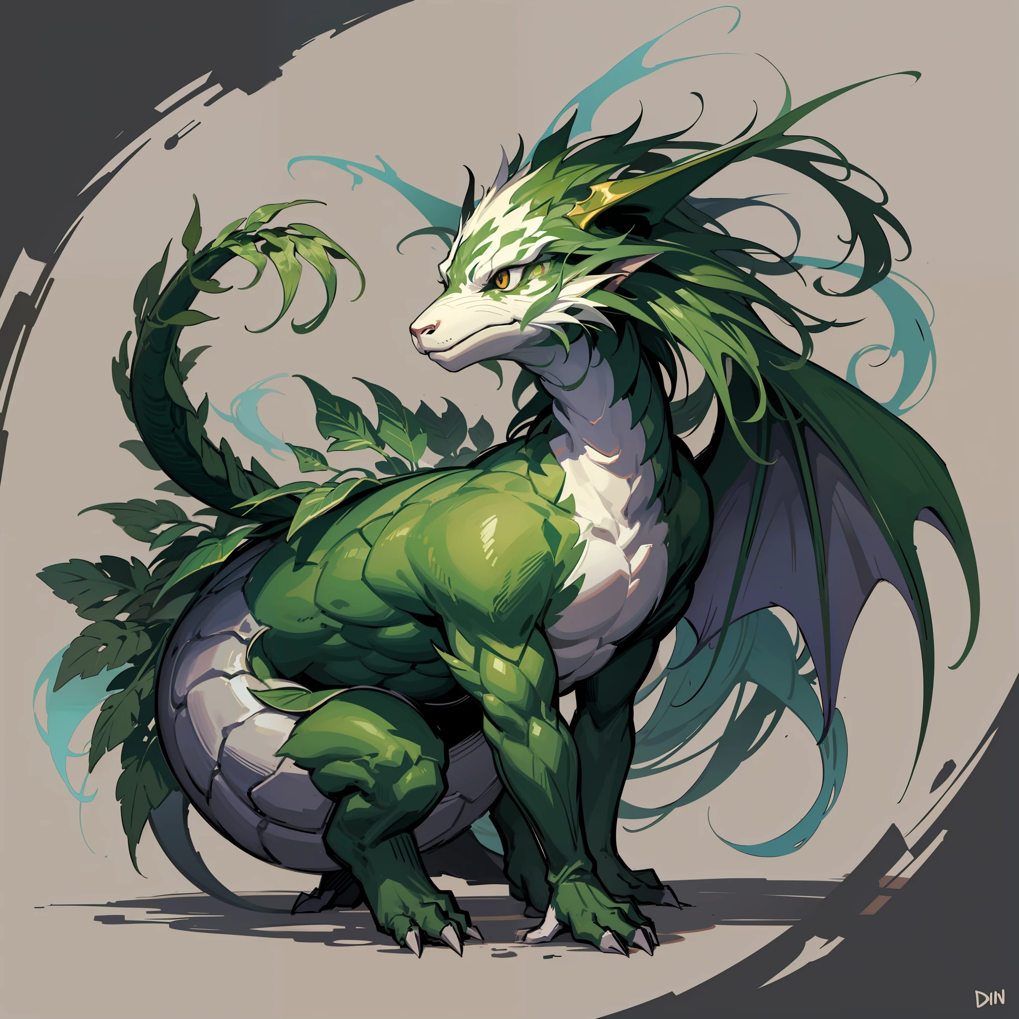 "Dragon Leaf | character design sketch，A plant dragon with leaves all over its body"