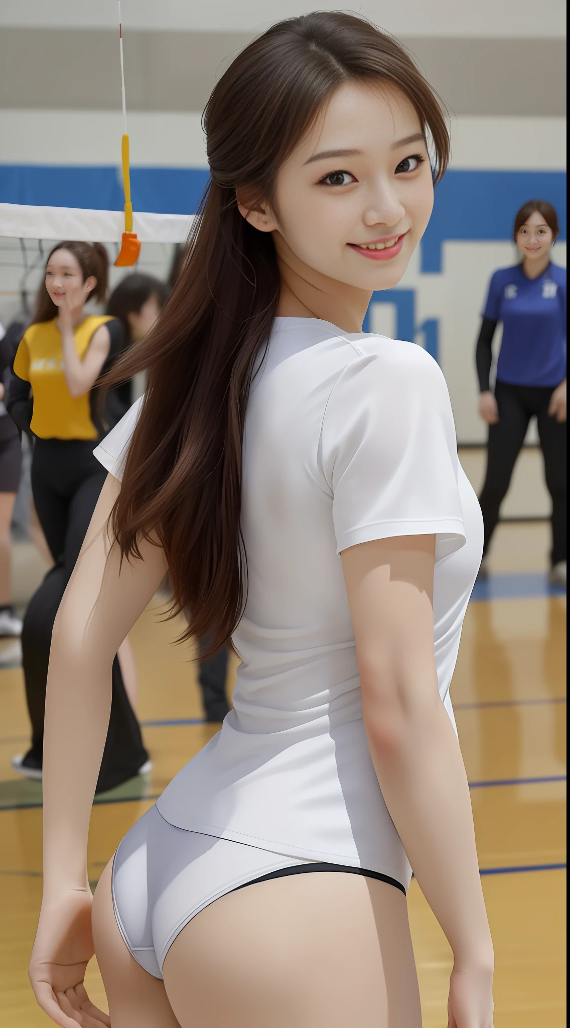 Alafe volleyball player posing for photo、Wearing a volleyball jersey、volleyball、Pure white panties、Plain panties、Silk Panties、White panties、Tall Japan model、back shot、Chiho Ashima、chiho、South Jaeyong、varied poses、nishimiya shouko、erika ikuta、Midori Ishida、mao hamaguchi、奈良美智、Yui Kotegawa,japanese girl, Best Quality,masterpiece,hyper high resolution,(Photorealistic photo:1.4),a 1girl,smiling eyes,looks at the viewer,(ulzzang-6500-v1.1:1.0),20 years old, Beautiful woman,A pretty woman with perfect figure :1.4,very detailed face and skin texture, Detailed eyes, Double eyelidd,(Best Quality, 8K, masterpiece :1.3), lovely smile,sexy woman、Mature Woman、Beauty girl、tall、Slender body shape
