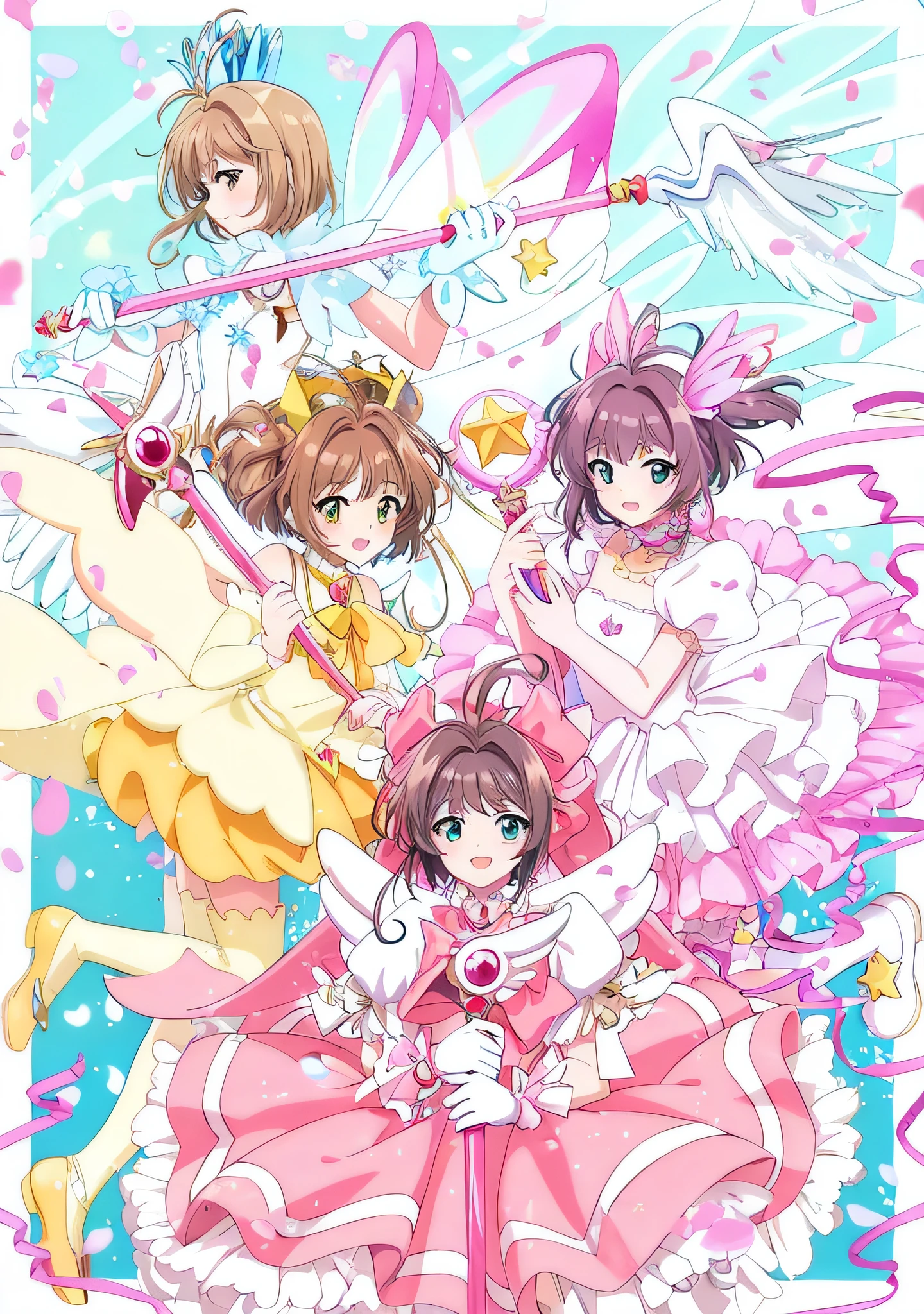 anime girls in dresses and tiables with bows and bows, magical girl anime mahou shojo, magical girl, portrait of magical girl, cardcaptor sakura, official illustration, sparkling magical girl, official anime artwork, zerochan art, clamp style, style of magical girl, offical arts, official fanart, high detailed official artwork, idolmaster, Official artwork