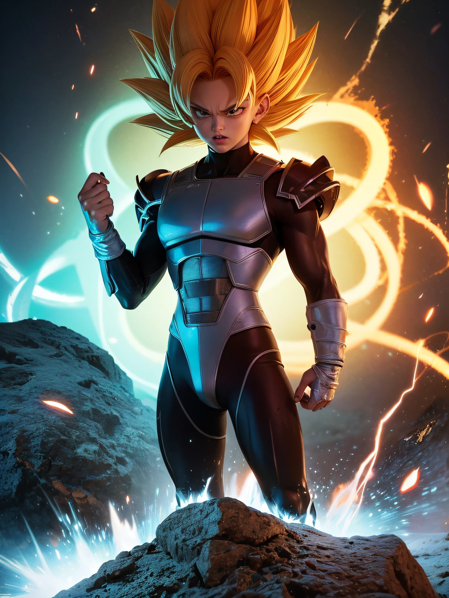 ((alta qualidade)), ((obra-prima)), 8k, crie uma imagem super sayajin vegeta de dragon ball z com elementos do universo e ciberpunk, distopico, joias do infinito, magia em volta circulante, ao fundo montanhas distopica, hiper-realista, + Film shot + dynamic composition, incrivelmente detalhado, nitidez, detalhes + perfeccionismo + realismo premiado ((ambient lighting))