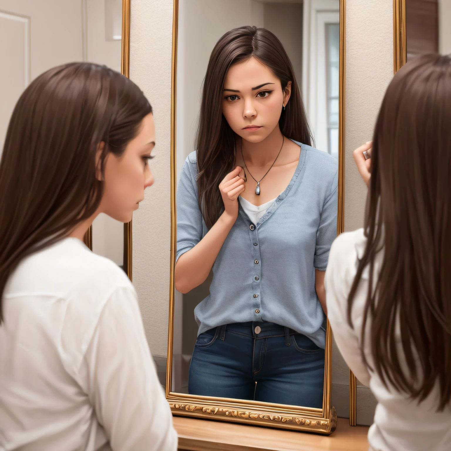 Please give 10 examples of prompts to create realistic images of a young woman looking at herself in a mirror sad --auto