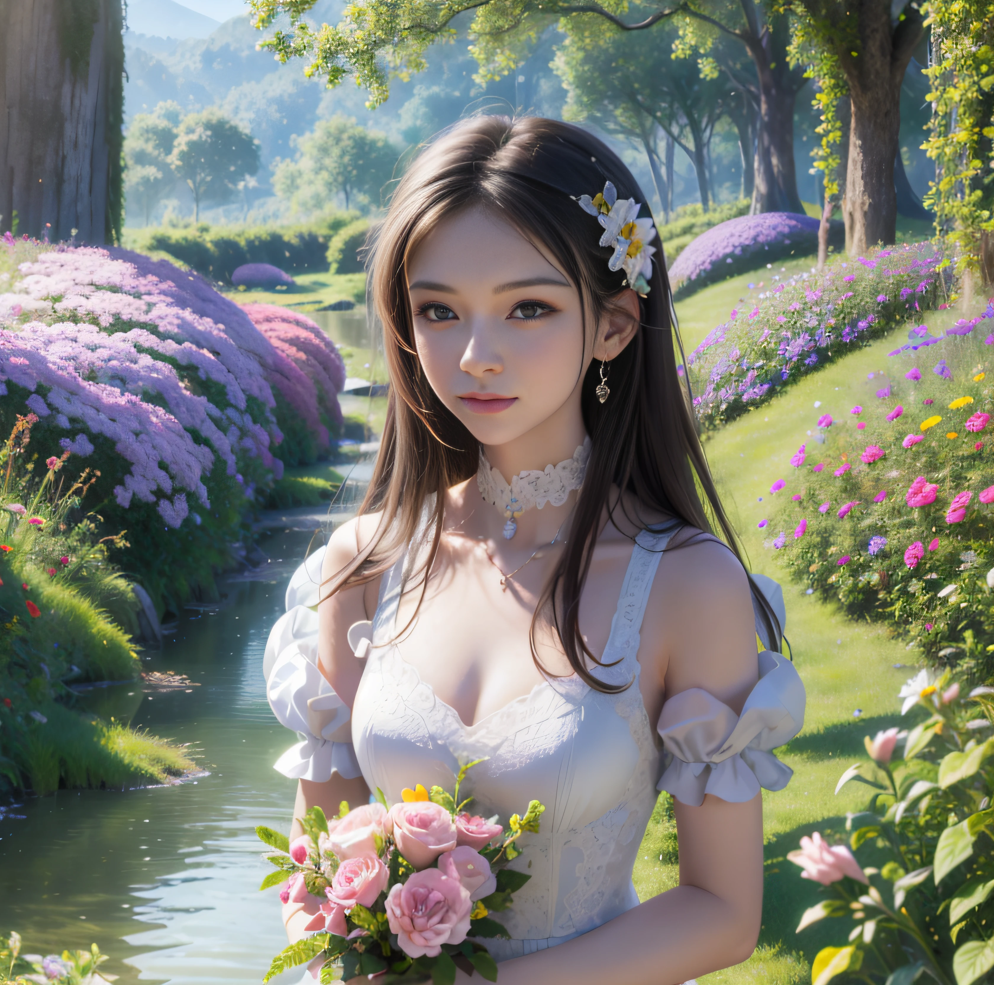 there is a woman in a white dress holding a bouquet of flowers, fantasy art style, beautiful maiden, fantasy beautiful, trending on cgstation, guweiz, 🌺 cgsociety, digital fantasy art ), artwork in the style of guweiz, inspired by Fenghua Zhong, ethereal beauty, a goddess in a field of flowers, by Yang J