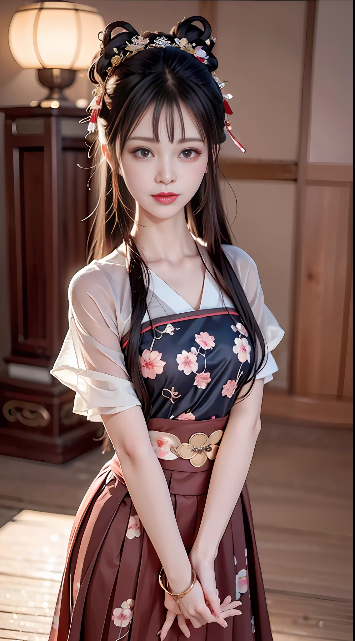JK girl, girl wearing Japanese girls' school uniform, 8K, very high image quality, film texture, realistic, eating Japanese food, Japanese background, depth of field, tatami room, warm lighting, bow on chest, bangs, long hair over the shoulder, (playful eyes), double eyelids, deepening of the tail of the eyes, lying silkworm, bracelet on the wrist, scarlet lips, sparkling lips with texture, fine skin texture, brown sparkling pupils, (((eyes looking at the camera)))), slender fingers, ((round face)), ( ((small lips)))), black Hanfu