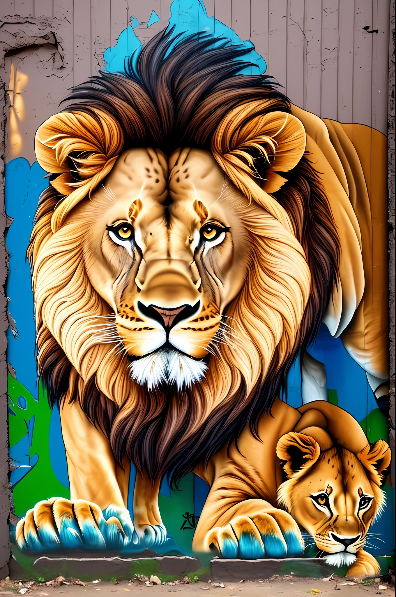 a lion, a lioness and a lion cub, graffiti, urban art --auto --s2