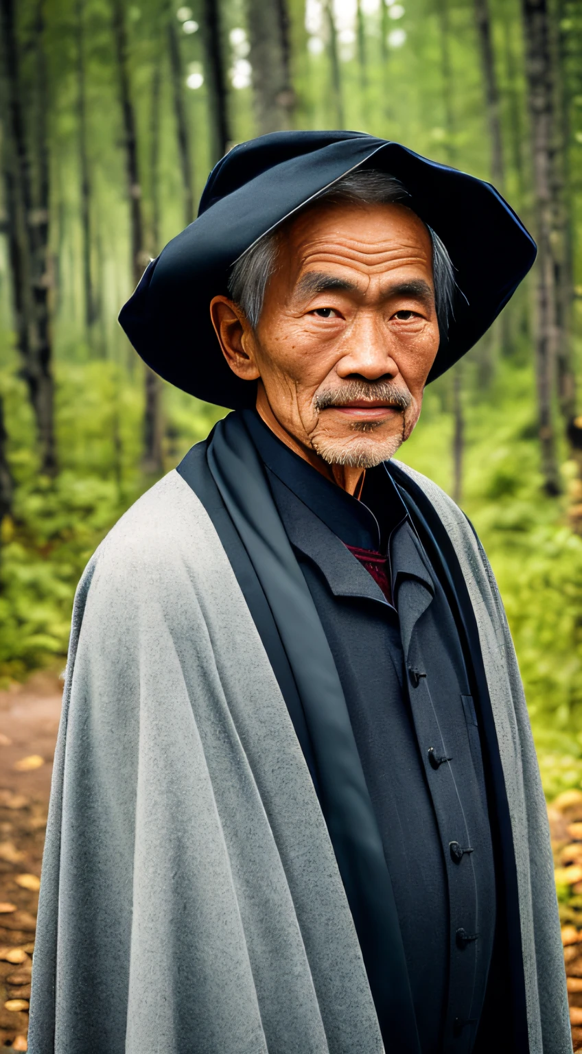 Portrait photography style, world masterpiece, super unique high professional digital art, film format, hyper-realism, color cinematography with ultra-fine details and quality, background is deep in the forest, an old man in rural China, an old man with wisdom. He wears an old cloak and his eyes are kind and shrewd. His body is upright, his skin has been blackened and powerful by the sun and rain, and the wrinkles are fixed on the corners of his mouth and forehead, which makes it seem that his years have precipitated. Although wearing a dark gown, although simple in appearance, it exudes sublime wisdom and a sense of tenacity of strength.