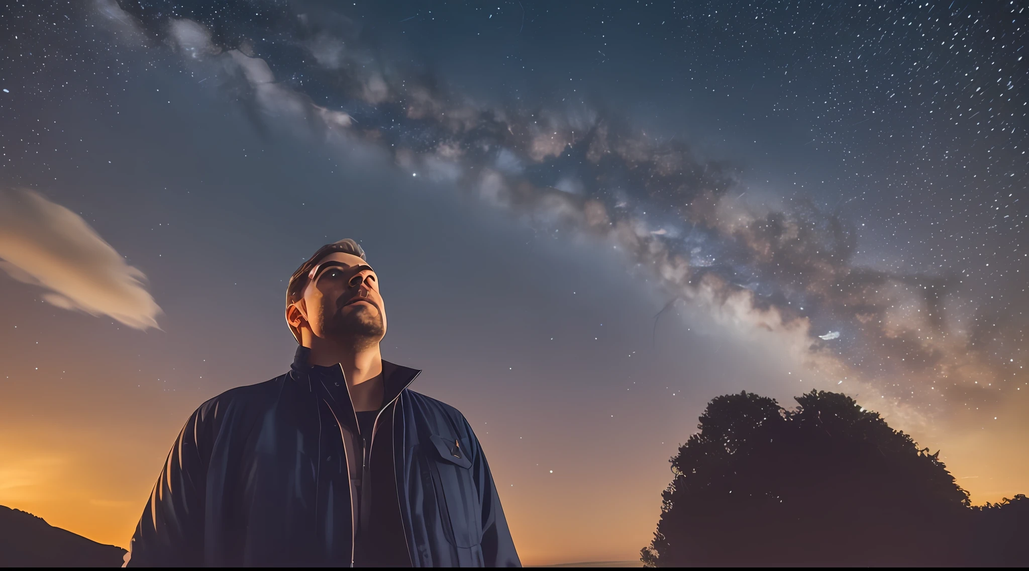A man with a sad and serious face, looking up at the night sky, todo estrelado, com o universo passando diante de seus olhos, enjoying the calm and starry night of the sky, conveying the feeling of being part of it, 8k, detalhado, Nice, realista, extremamente detalhado, delicate and delineated strokes, estilo fotografia, Cinematic, FUJIFILM state-of-the-art lenses --auto