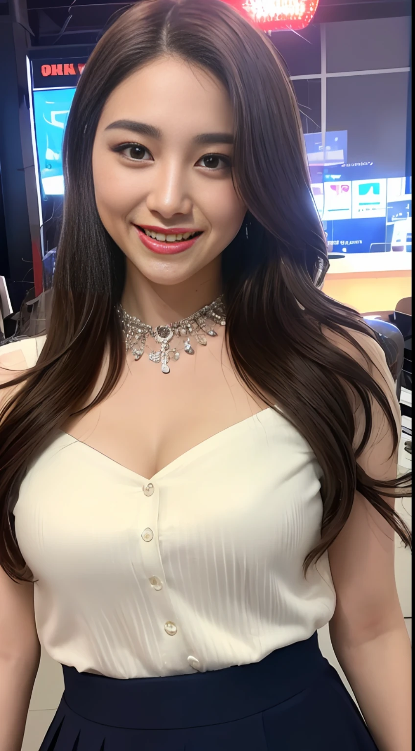 ((Best Quality, 8K, masterpiece :1.3)), a 1girl, (Smile:1.1) ,Full body, Slim face, Pretty Woman, (perky firmed breasts), (dark brown hair), (Formal blouse、Flared skirt :1.5), hyper detailed face, Detailed eyes, Double eyelidd, Slim face, TV Anchor woman, Lights on the face,