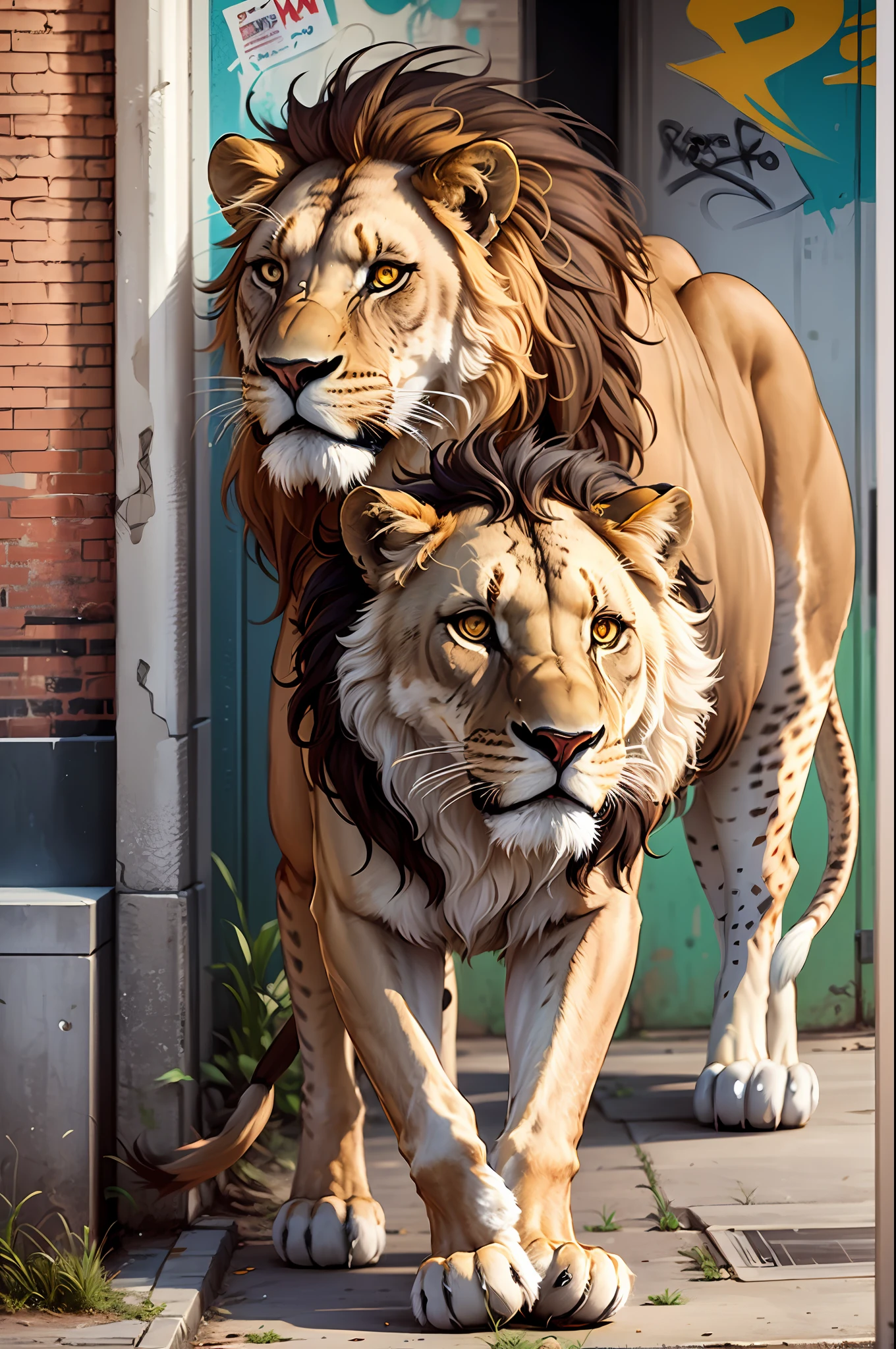 a lion, a lioness and a lion cub, graffiti, urban art --auto --s2