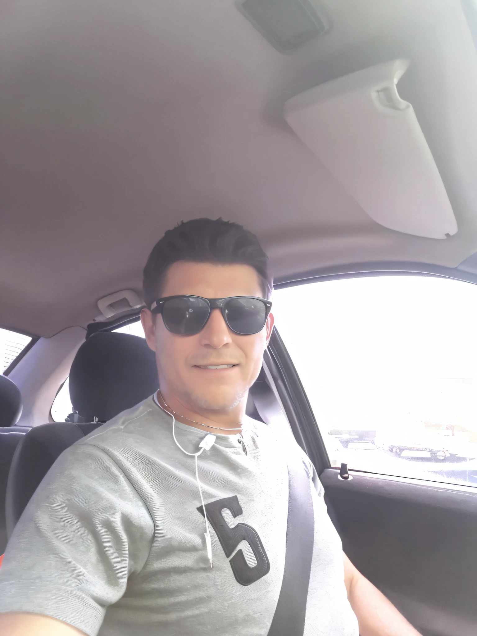 There is a man sitting in the driver's seat of a car, about 3 5 years, realistic photo, he is about 40 years old, he is about 4 0 years old, , driver, selfie photo