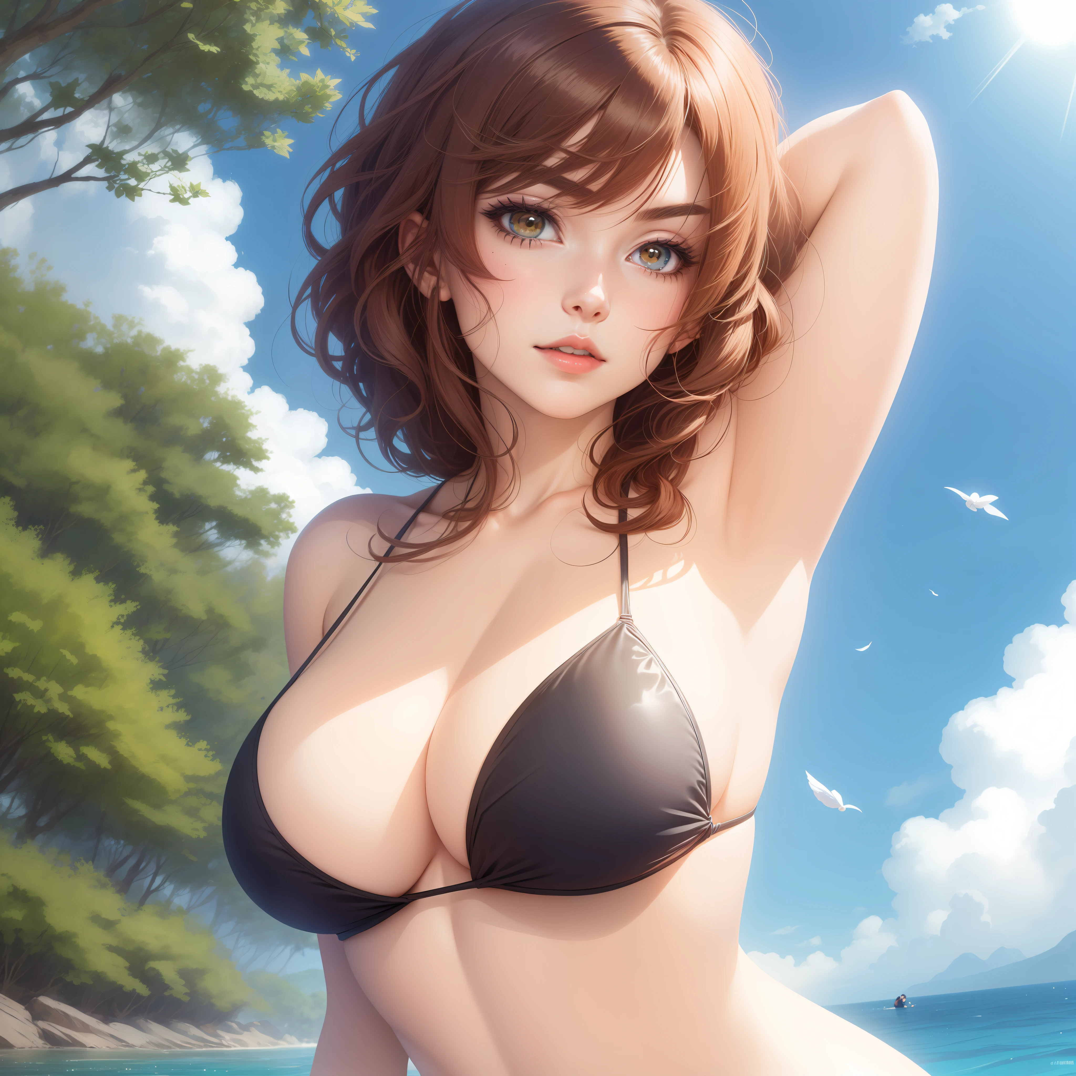 Una mujer en bikini posando en el agua con las manos en la cabeza, seductora chica de anime, Bikini realista, Atractiva chica de anime, Hermosa y seductora mujer de anime, hermosa chica de anime, caliente con sol brillante, Chicas de anime, Hermosa mujer anime, Hermoso anime, OPPAI, Mejor chica del anime, Anime CG arte suave, (Chica anime), Chica bonita de anime