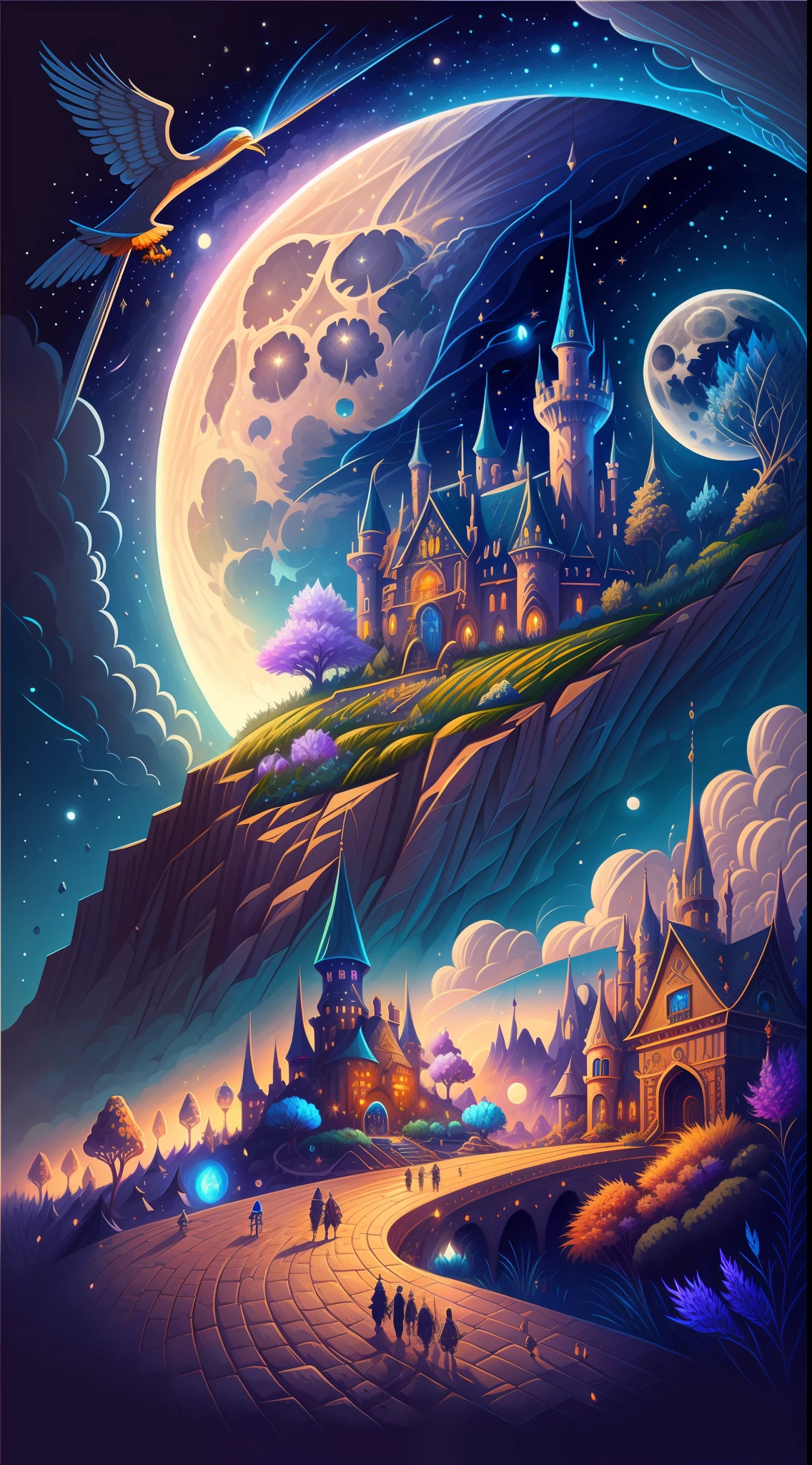 painting of a fantasy castle with a full moon in the sky where eagles flying by,children playing beneath raising hands wearing woolen gloves 4k highly detailed digital art, epic fantasy sci fi illustration, detailed dreamscape, 4k detailed digital art, detailed fantasy digital art, beautiful art uhd 4 k, dan mumford and alex grey style, sci-fi fantasy wallpaper, detailed digital 2d fantasy art, fantasy space, detailed painting 4 k