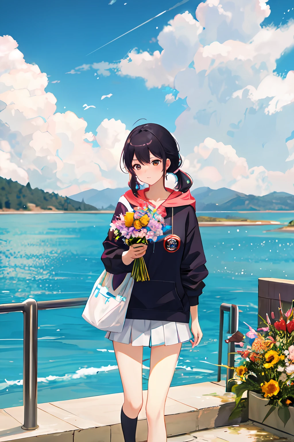 There is a woman by the sea holding a bouquet of flowers, holding flowers, carrying flowers, holding flowers, Urzang, holding a flower, holding a magic flower, Saki Michan, Bae Susie, picking up a flower, unknown artist, Korean girl, Chiho, Choi Hyun-hwa, 🚿🗝📝 wearing a hoodie and flowers