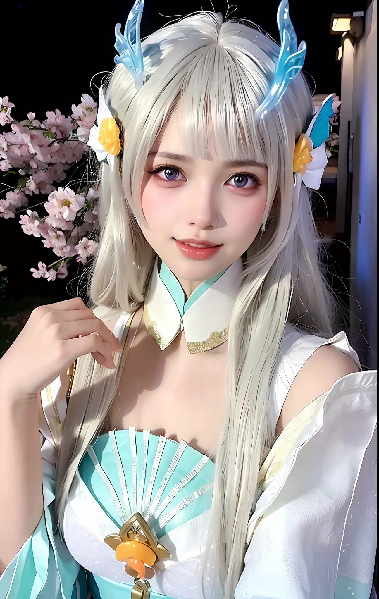 (ulzzang-6500-v1.1:0.8),(raw photo:1.2),((photorealistic:1.4)),(upper body),best quality,masterpiece, very delicate and beautiful, very detailed, CG, unity, 8k wallpaper , amazing, fine detail, masterpiece, best quality, official art, extremely detailed CG unity 8k wallpaper, ridiculous, unbelievably ridiculous, huge file size, super detailed, high resolution, very detailed, beautifully detailed girl, very detailed eyes and face, beautiful detailed eyes, light on the face, movie lighting, 1 girl, looking at the audience, east asian architecture, (blurred background: 1.2), cherry blossoms, lantern lights, depth of field,