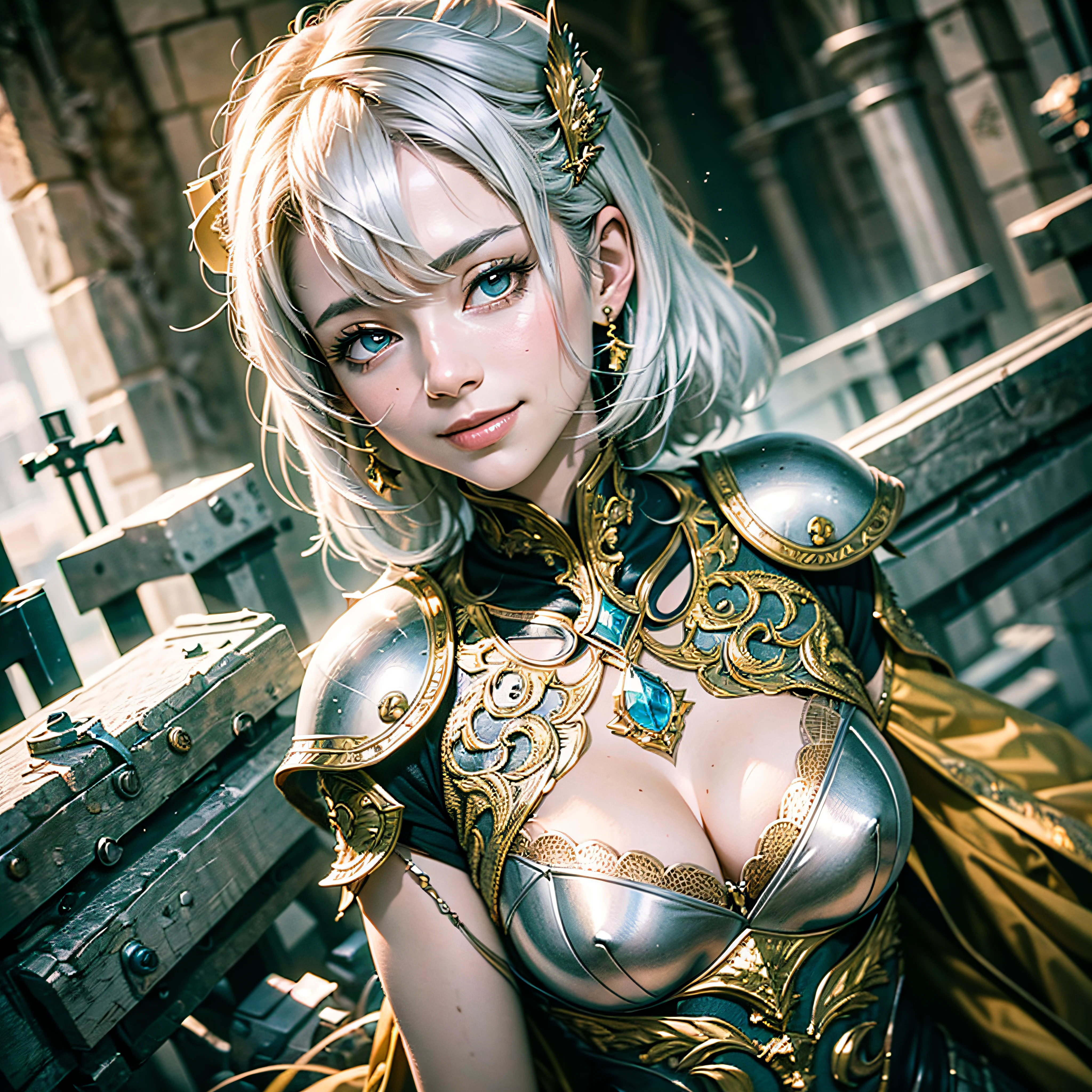 all body、white-haired、(Dragoon: 1.2)、Brantovan、A Masterpiece、maximum quality、offical arts、Highly elaborate CG Unity 8K wallpapers、For girls、hyper high resolution、(photo-realistic:1.4)、Golden Hour Lighting、Medieval armor、(upper half body)、(Platinum Shorthair:0.8)、(Puffy eyes)、looking a viewer、Front-facing、a smiling look、medium tits、Gentle smile、shirt lift、Medieval castle scenery