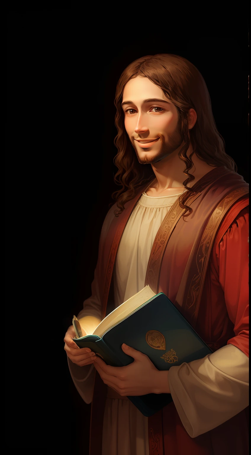 Jesus Christ holding a bright Bible and smiling