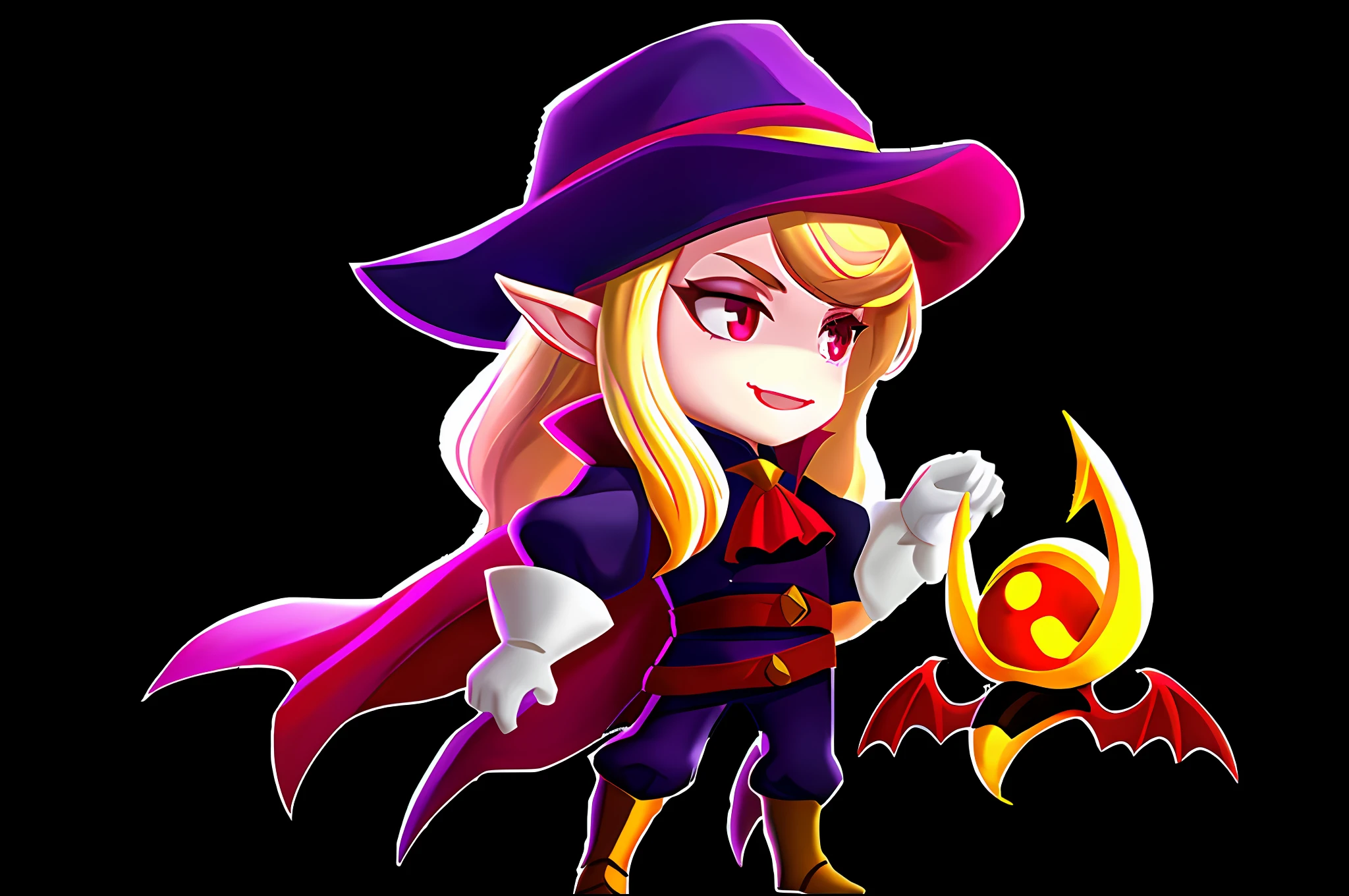 (masterpiece:1.2), (best quality,:1.2),q style, vampire, red eyes, blonde hair, 1girl, male focus, chibi, solo, pointy ears, bat (animal), fang, black background, gloves, long hair, cape, simple background, ascot, smile