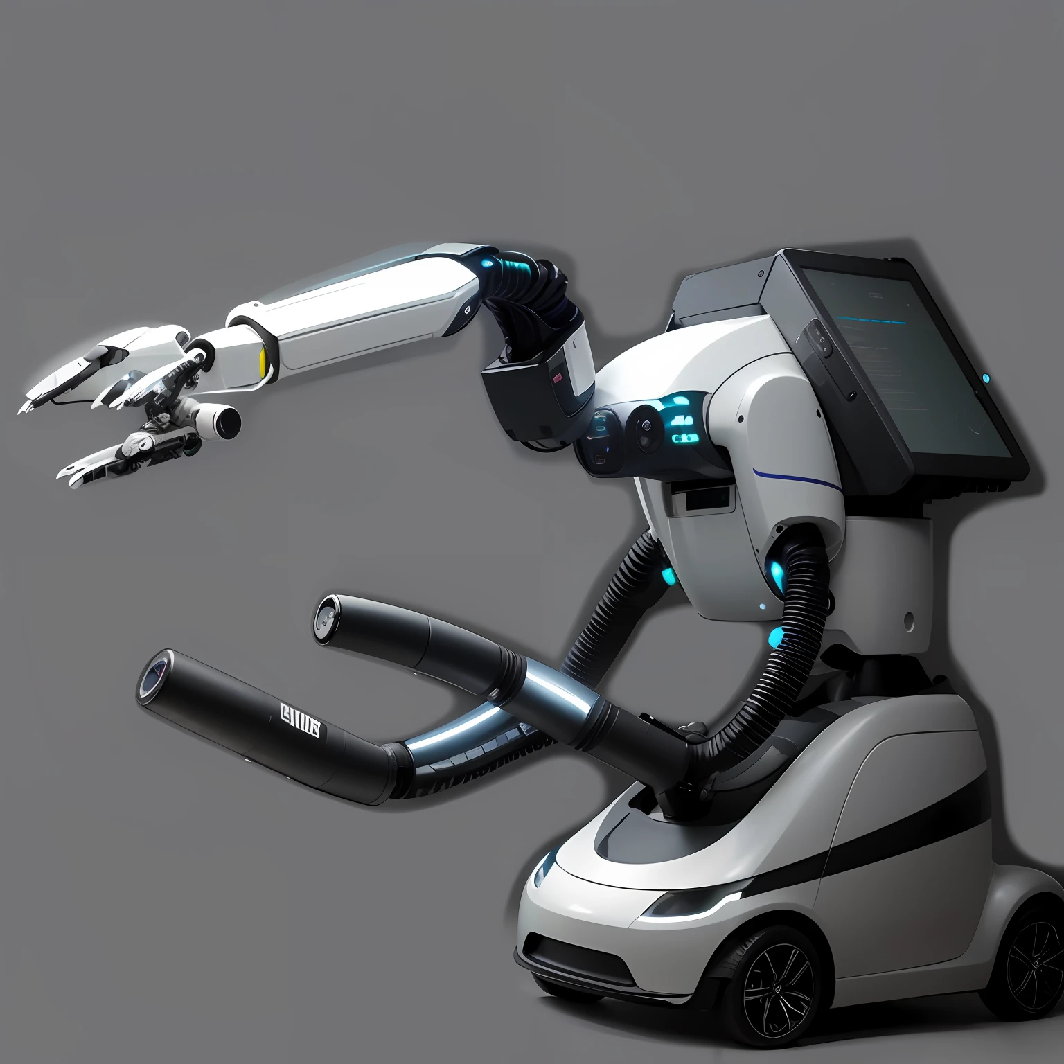 there is a robot that is holding a car and a tv, with robotic arms, with robotic arms, robotic extended arms, extended robotic arms, humanoide robot, robotic, Concept robot, robot arm, futuristic robot, sleek robot, robot arm, robotic bionic technical, robot arm, security robots delivery, futuristic robot, futuristic robot, robot arm,Green background