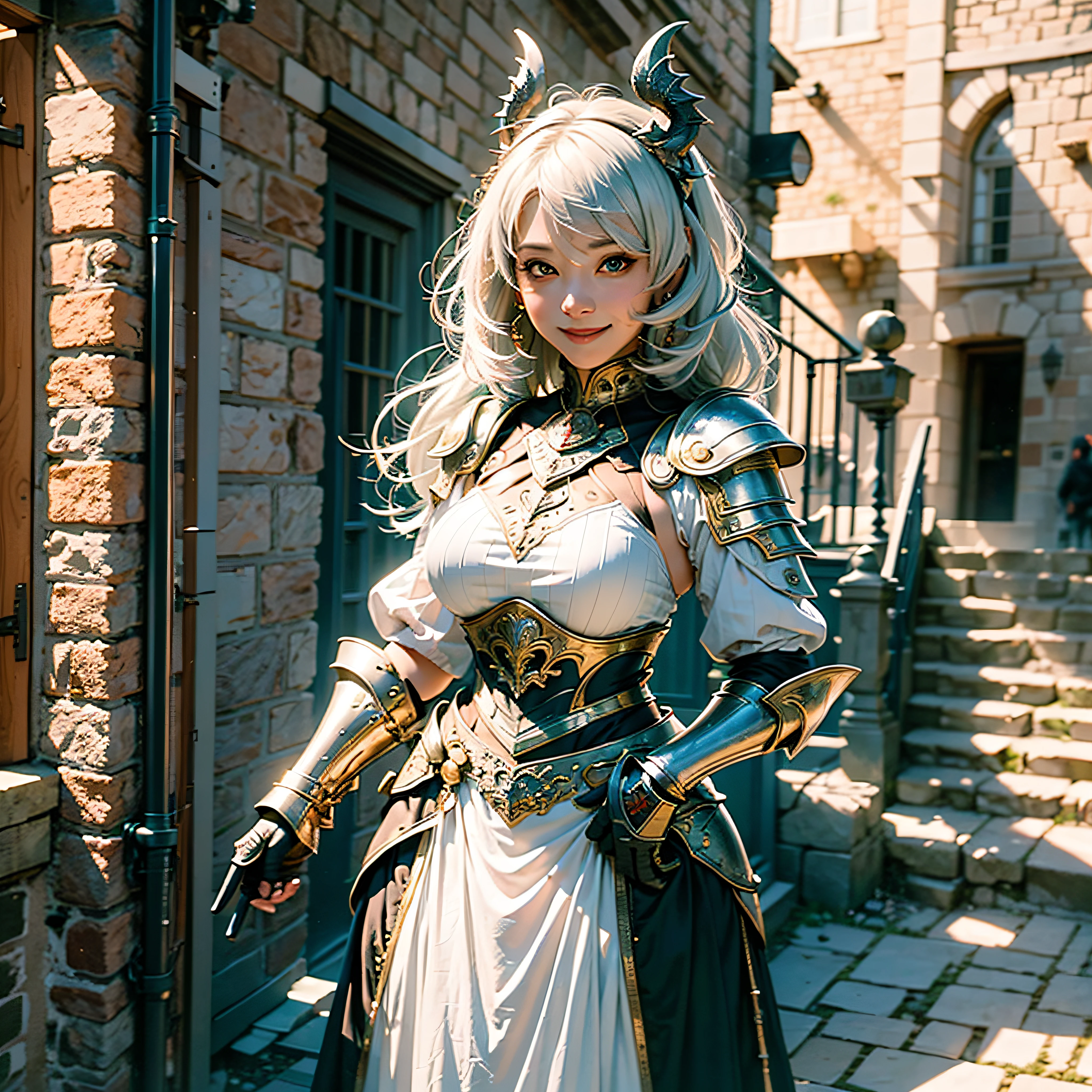 all body、white-haired、(Dragoon: 1.2)、Brantovan、A Masterpiece、maximum quality、offical arts、Highly elaborate CG Unity 8K wallpapers、For girls、hyper high resolution、(photo-realistic:1.4)、Golden Hour Lighting、Medieval armor、(upper half body)、(Platinum Shorthair:0.8)、(Puffy eyes)、looking a viewer、Front-facing、a smiling look、medium tits、Gentle smile、shirt lift、Medieval castle scenery