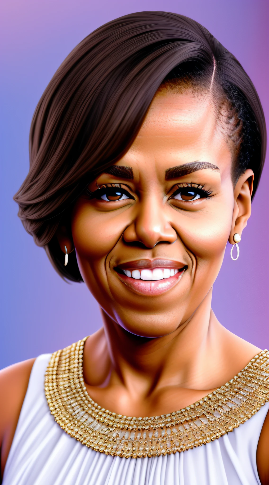 1woman, Michelle very Obama, a little bit fat, very classic dress, beautiful skin, confident, convincing, smile, portrait, front look, 4k, high-res, best quality, illustration