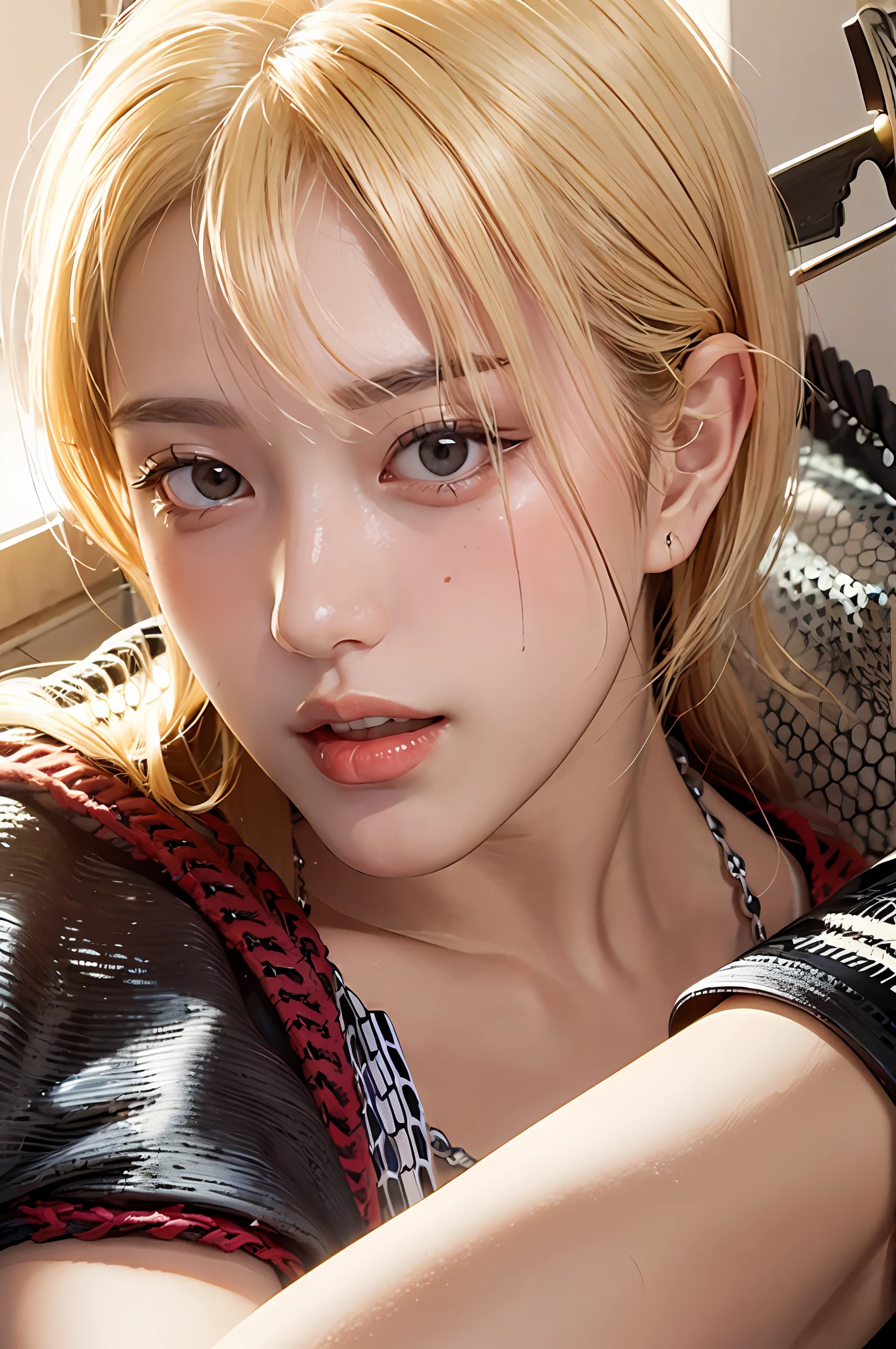 blond hair、Colorful hair,blunt bangs、a 1girl,solo,blond hair、photo-realistic, with high resolution, 1 Girls, Straight、Colorful hair color, Korean, ruins