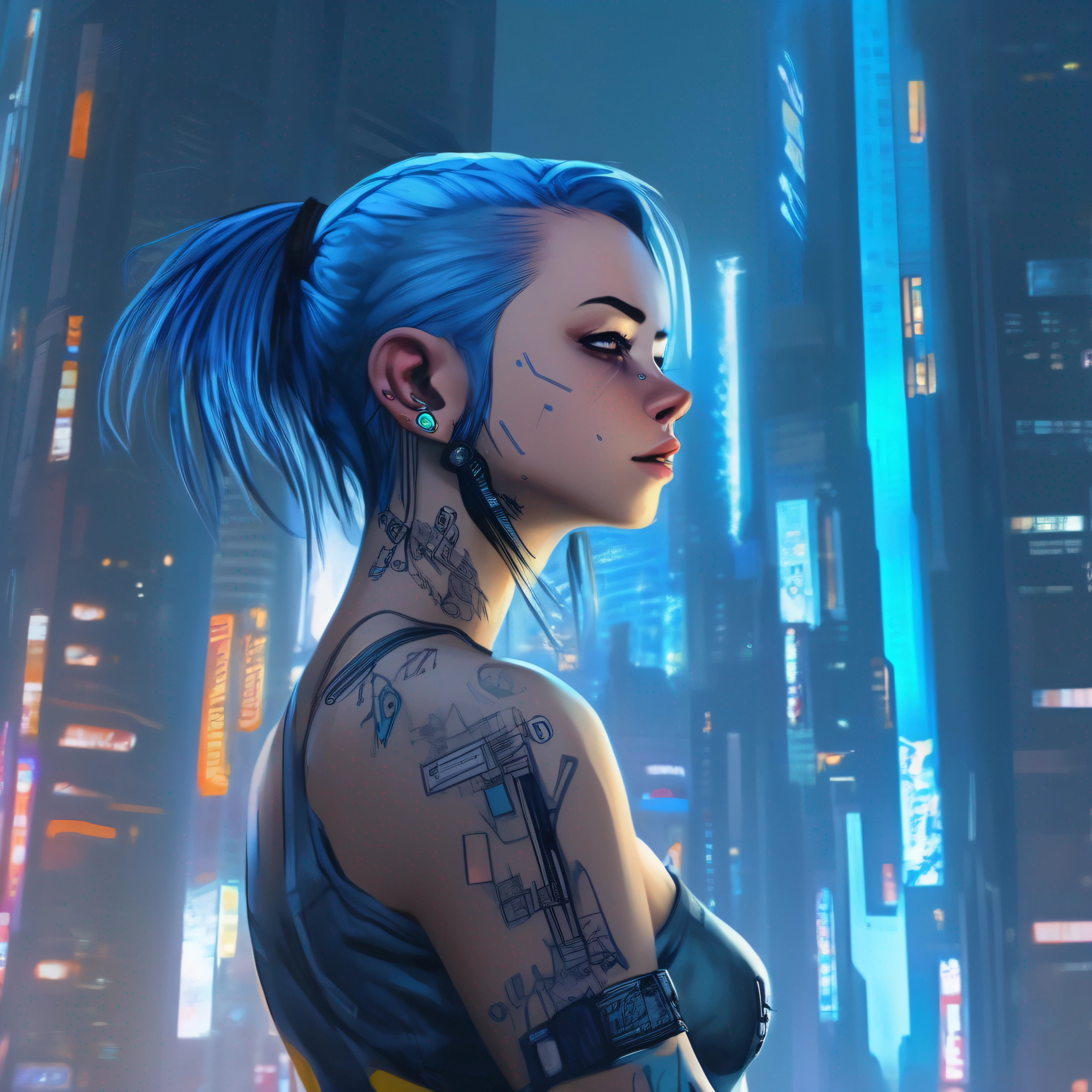 A cyberpunk girl in a futuristic skyscraper, cabelo azul, tatuagens, piercings, Cyberpunk 2077, corpo inteiro, futurista, rosto altamente detalhado, Linda, perfeita, delicado, pele clara, perfeita, 4K manga wallpaper, papel de parede de arte de anime 4K, papel de parede de arte de anime 4K, papel de parede de arte de anime 8K