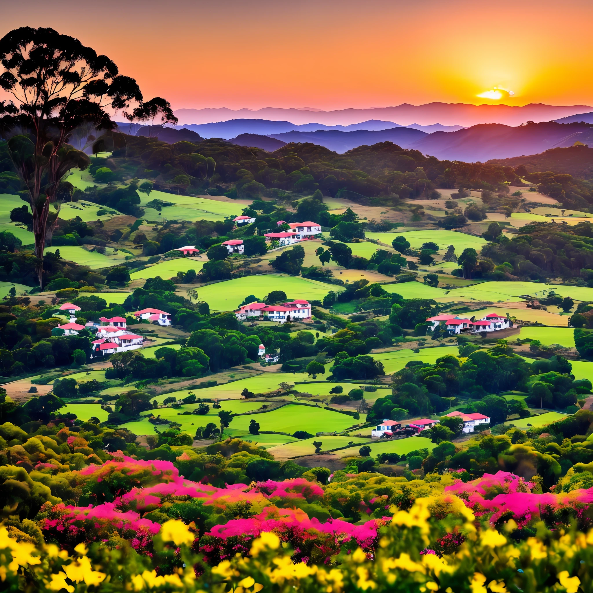 (melhor qualidade, 8k fotorrealista) Countrying with a small town next to huge mountains, por do sol, colorful country with flowers and trees, casas da cidade em contato com a natureza. --auto