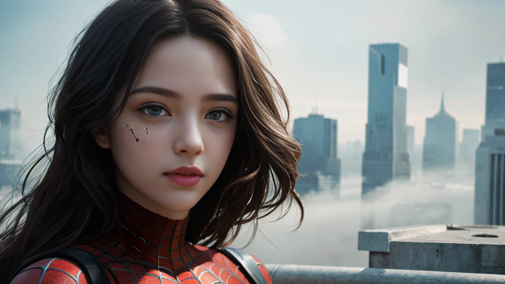(1girl:1.3), Solo, (((Very detailed face)))), ((Very detailed eyes and face)))), Beautiful detail eyes, Body parts__, Official art, Unified 8k wallpaper, Super detailed, beautiful and beautiful, beautiful, masterpiece, best quality, original, masterpiece, super fine photo, best quality, super high resolution, realistic realism, sunlight, full body portrait, amazing beauty, dynamic pose, delicate face, vibrant eyes, (from the front), She wears Spider-Man suit, red and black color scheme, spider, very detailed city roof background, rooftop, overlooking the city, detailed face, detailed complex busy background, messy, gorgeous, milky white, highly detailed skin, realistic skin details, visible pores, clear focus, volumetric fog, 8k uhd, DSLR, high quality, film grain, fair skin, photo realism, lomography, futuristic dystopian megalopolis, translucent