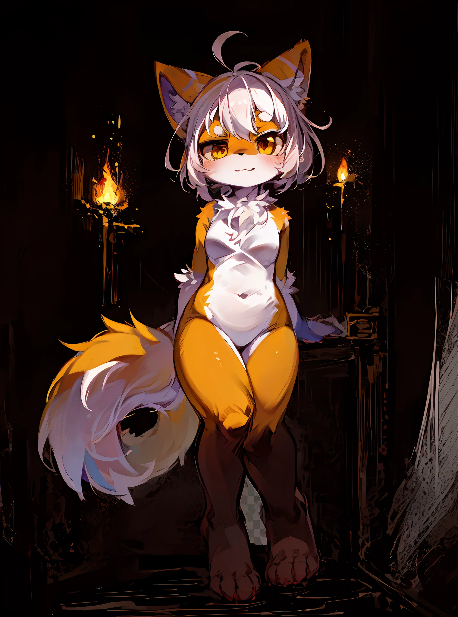 (Dark environment:0.8),Masterpiece,High quality,abstract res,Digital painting\(piece of art\), By Dagasi, Yupa,Kiyosan,(anthro,Fluffy fur,Character focus:1.1),anthro male cat,Short hair,portrait , Bright eyes, Panoramic View, Character focus.(Detailed background:0.7), solo, shaggy, Furry female, female focus, anthr,(Full body fur, Fluffy tail, Yellow fur, Yellow eyes, White hair:1.2),