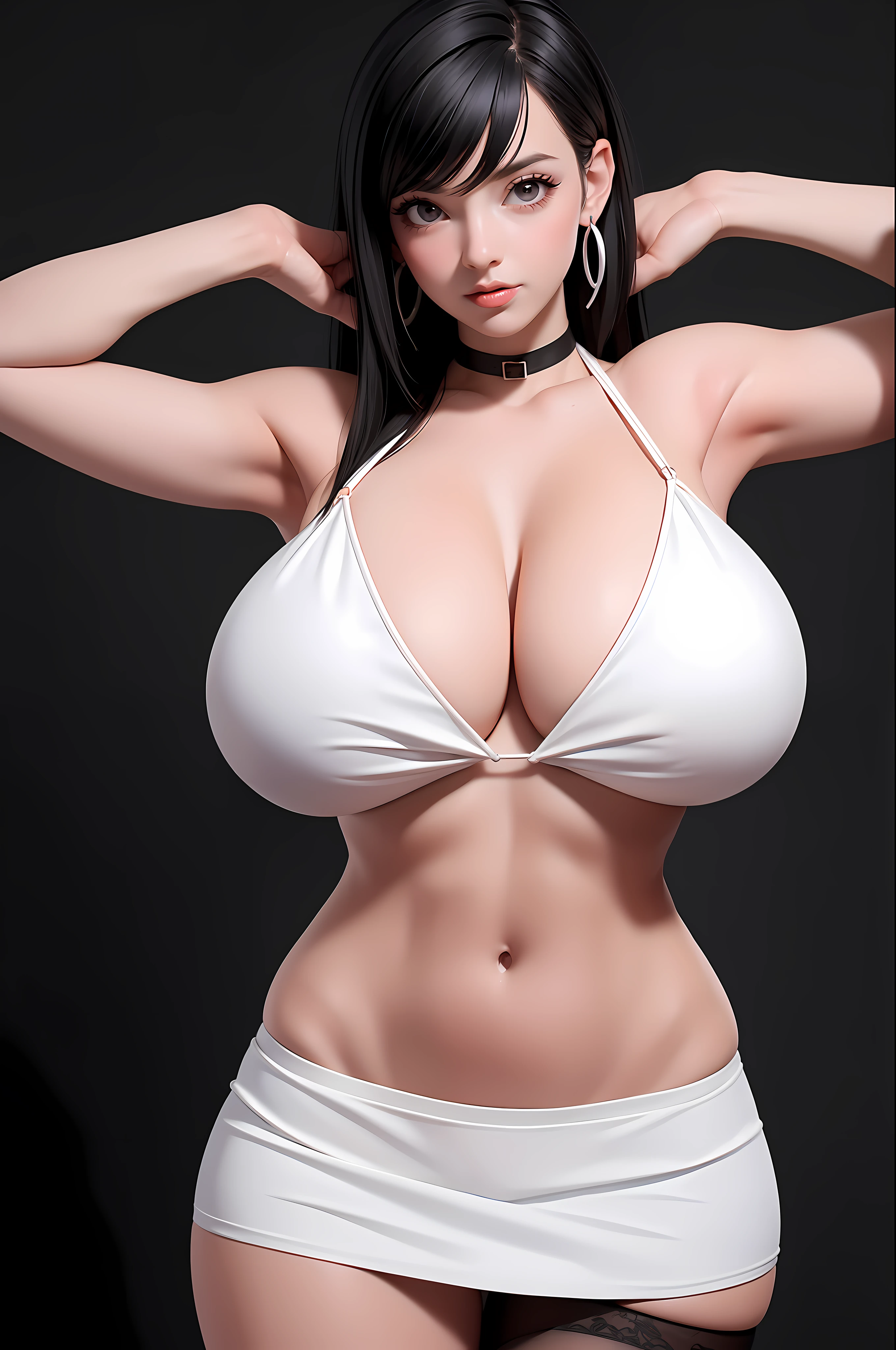 masterpiece, best quality,3d rending work ,3DMM style,close-up, 3D,1girl, solo, black hair, teardropshaped earrings, realistic, upper body, urban city background, bangs, long straight black hair, parted lips, choker, makeup, (white bikini top:1.3), red eyes, tifa lockhart, (huge breasts:1.5) enormous droopy breasts, macromastia, cleavage, exposed stomach, toned abs, toned arms, (black miniskirt1.2) suspenders, stockings