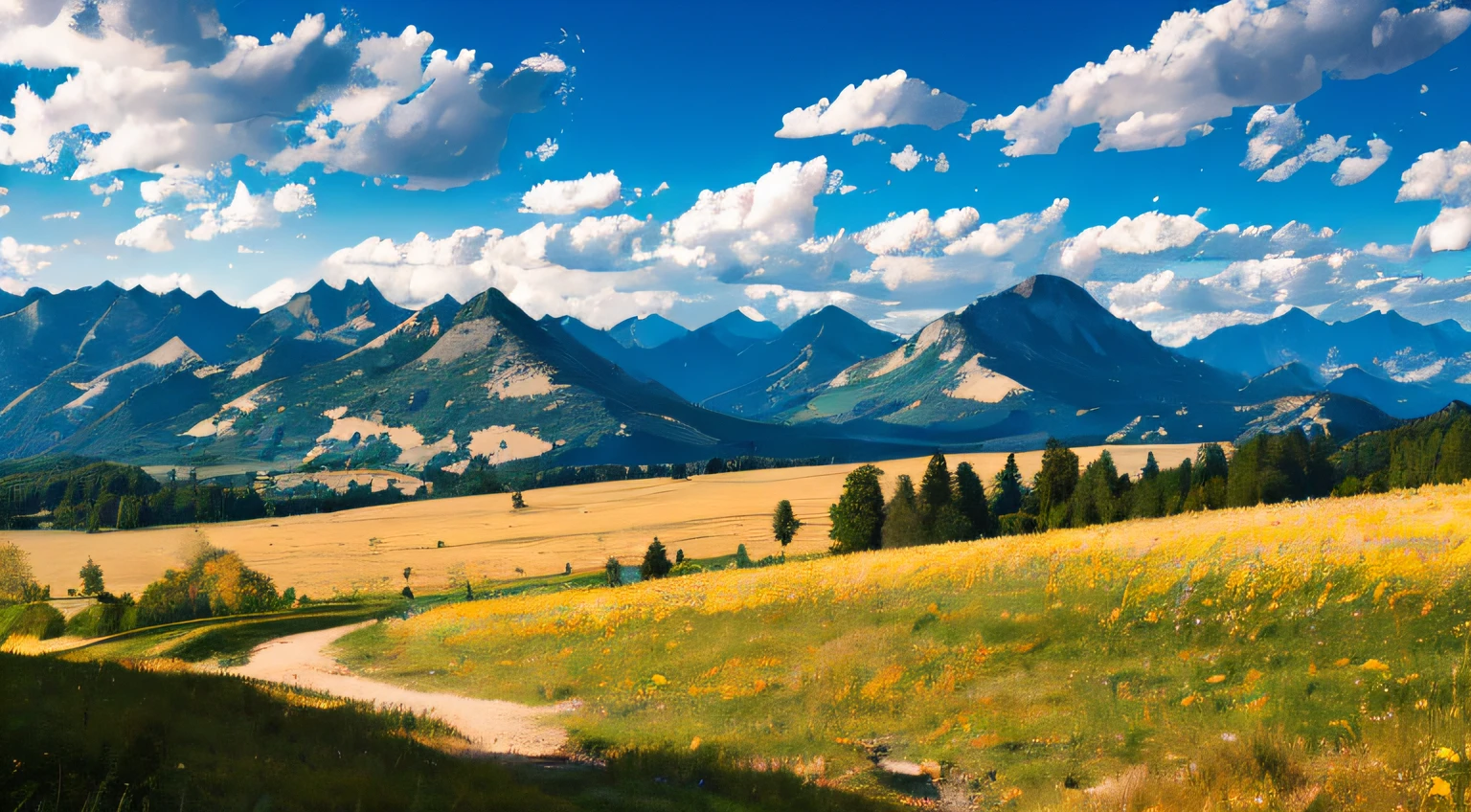 a beautifull landscape of montains with clouds in the afternoon, photo quality, image raw, nikon photo --auto