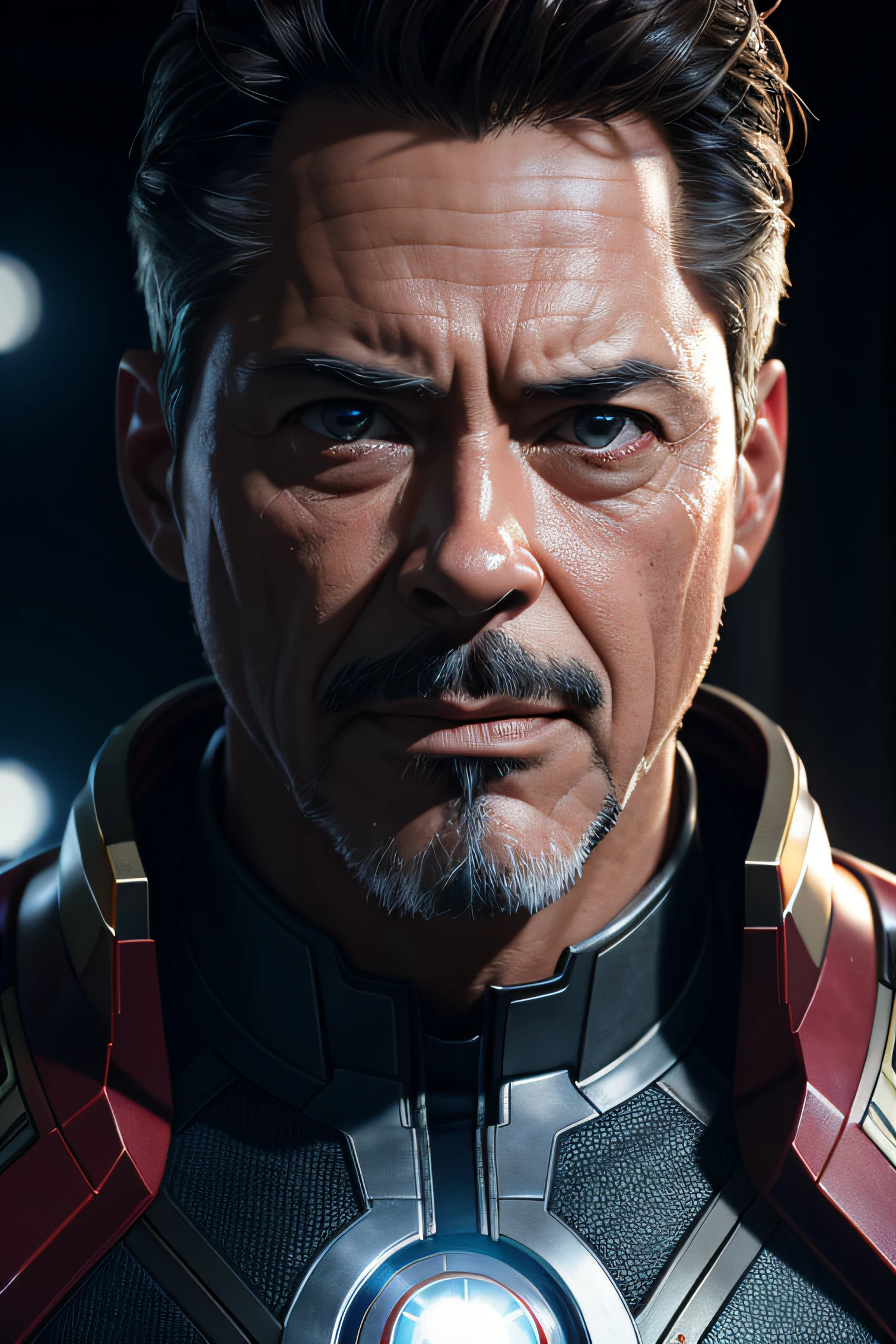 Marvel, Old man Tony Stark, realistically, dynamic lights, old, gray stubble, full shoot, (extremely detailed CG unity 8k wallpaper), trending on ArtStation, trending on CGSociety, High Detail, Sharp focus, dramatic, photorealistic