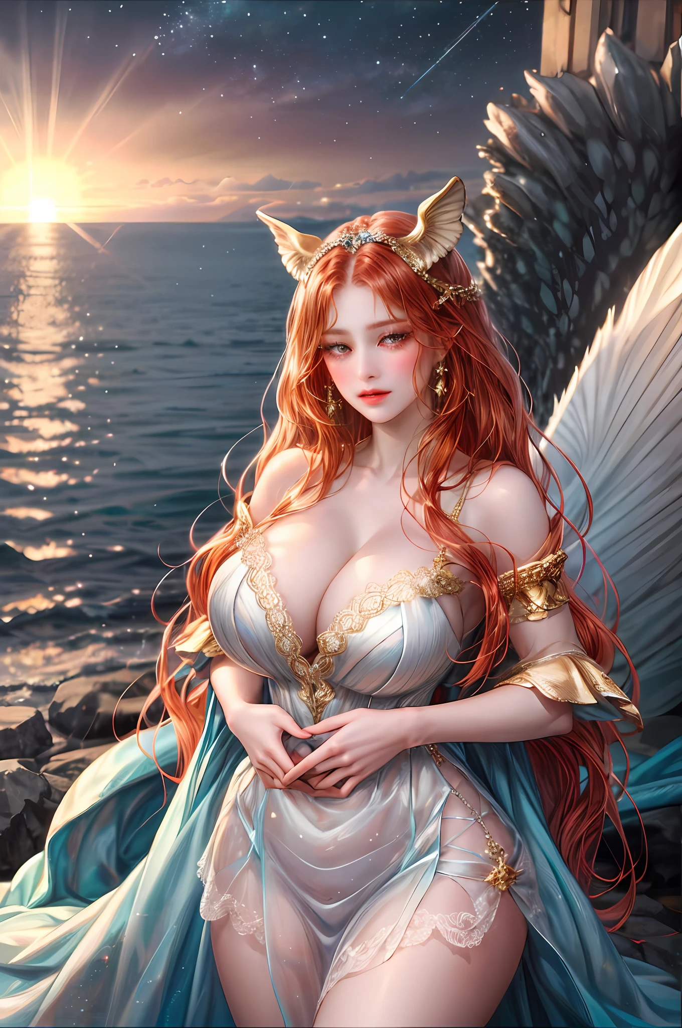 (highs quality,Ultra-fine to hand)(Be careful with your hands)Constellation - Goddess Aries,Similar to Latin goodness,bravery,wayward,Productive,The face of enterprising and humanitarianism。moodiness,impulse,impatient,Confident style。Sunset redheads,Transparent dress,Bask in the sun in the ocean,all body,Crystal fire eyes(Eyes detailed)。Powerful makeup .Goddess of Fire .,female goddess,Royal sister,mucus,,Blushing and shy,Big big tits ,Super tall giantess,A giantess standing on the earth,Big Mac's giantess,Goddess,Giant goddess,Behemoth,A huge sense of oppression ,Glamorous goddess