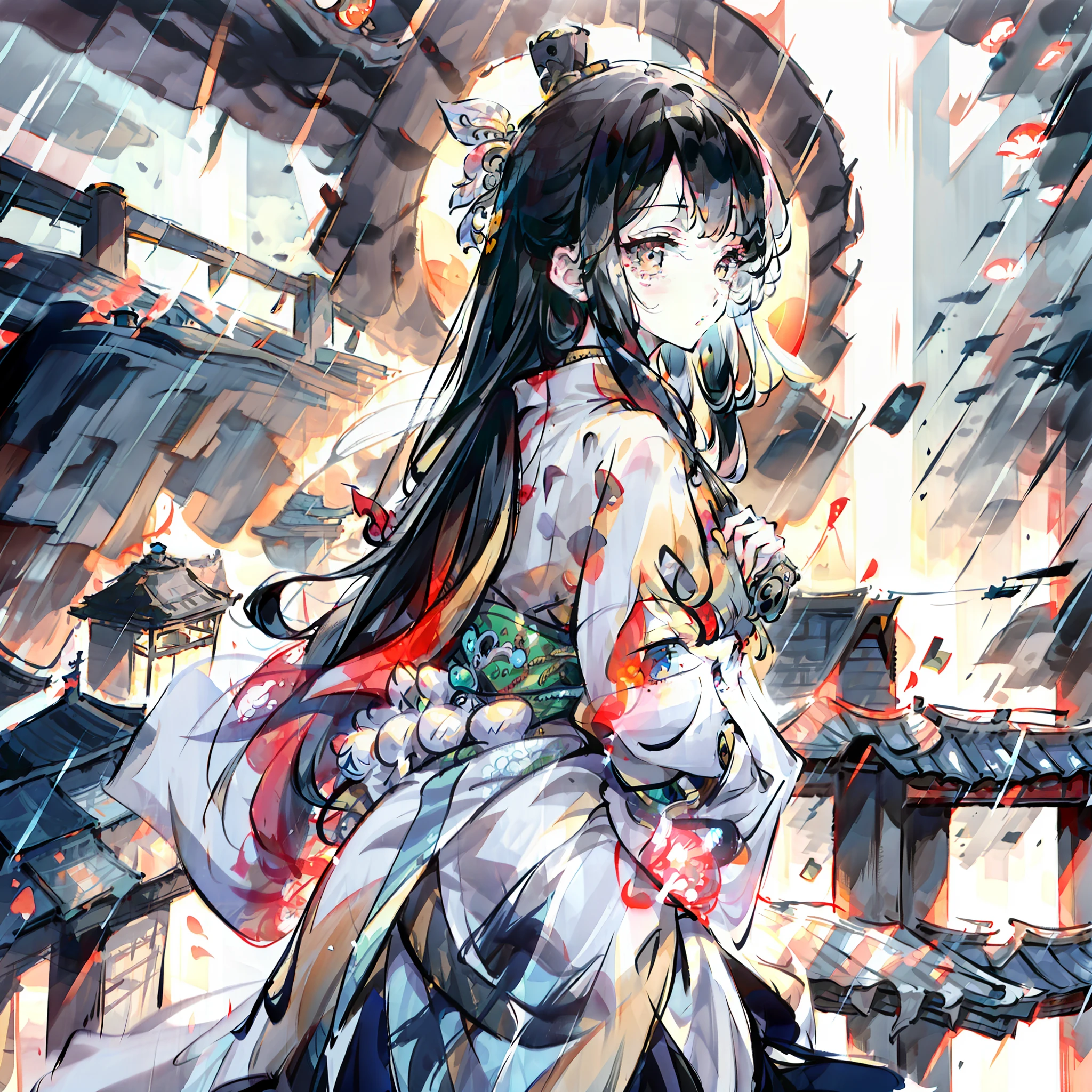 A girl in costume with a sword,Stand on the covered bridge,Underwear rain,Atmospheric night scene,beside the Qinhuai River, lanterns, foggy and rainy, Facing the camera, Face Close-Up, front perspective, a beautiful ancient Chinese girl standing by the river, exquisite face, Exquisite clothing, silk, epic style, Elegant backgrounds, High resolution, great clarity, accurate colors, lifelike colors, high fidelity flawless quality, super-detail, Detailed characters, High contrast, Lifelike, Extremely detailed, Panoramic View, cinematic feel