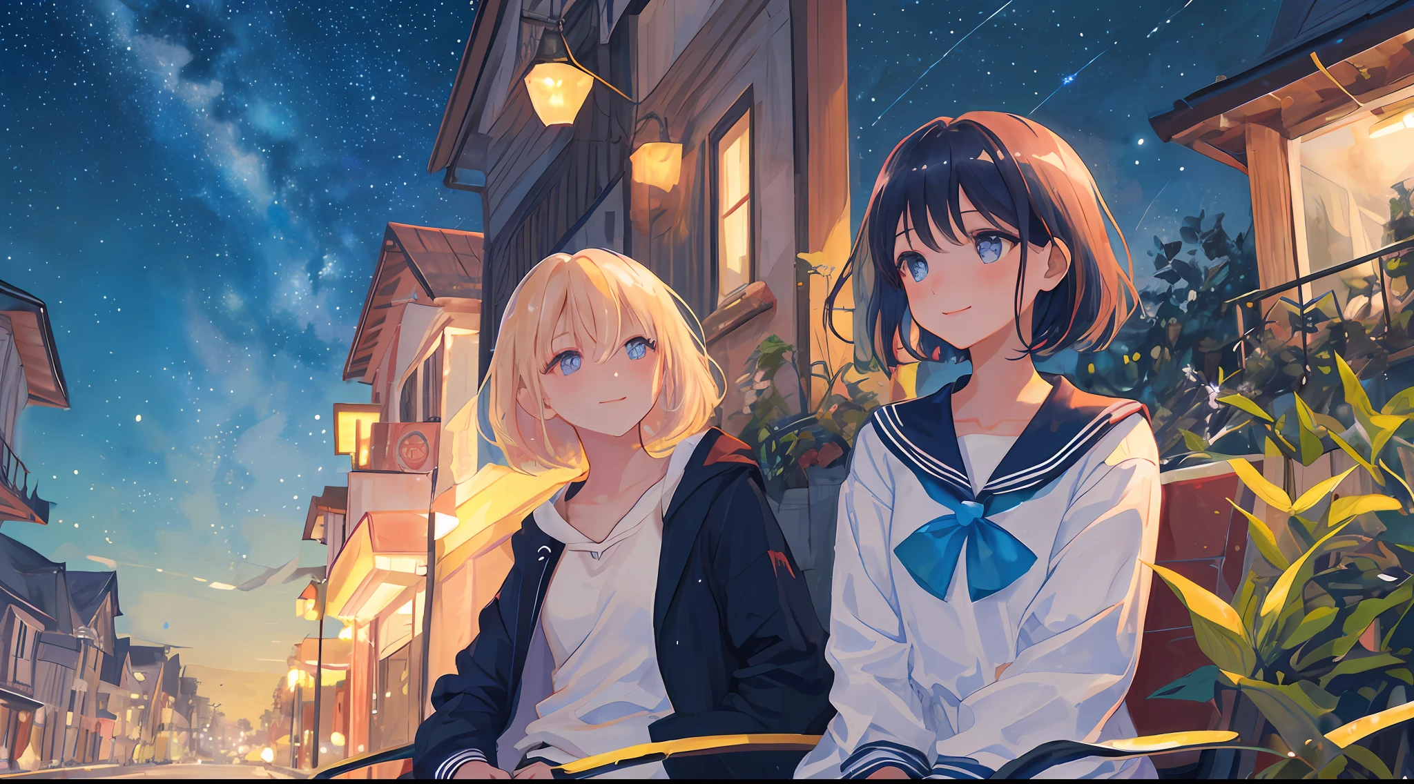 (Masterpiece), (Best Quality), (Super Detail), (Well Manicured Hair), (Illustration), (1 Girl), (Face to Face), (Detail Background), (Detailed Background), Beautiful Detailed Eyes, Delicate Beautiful Face, (High Saturation), Focus on Face, Black Hair, Bangs, Movement, Short Hair, pixiv Illustration, Best Quality, Super Detail, Beautiful Face, 4K, Clear, Best Quality, Beautiful Eyes, Very young, moist eyes, blushing cheeks, 8K, profile, midnight, night sky, small, looking up, cheerful expression, starry sky, shooting star, hill, nature, beautiful background, plain clothes, background main, sitting on the ground, smile, slender body, collarbone, magnificent, two girls, extremely beautiful night sky, extremely beautiful girl, sailor suit, jewel-like starry sky, town, dawn