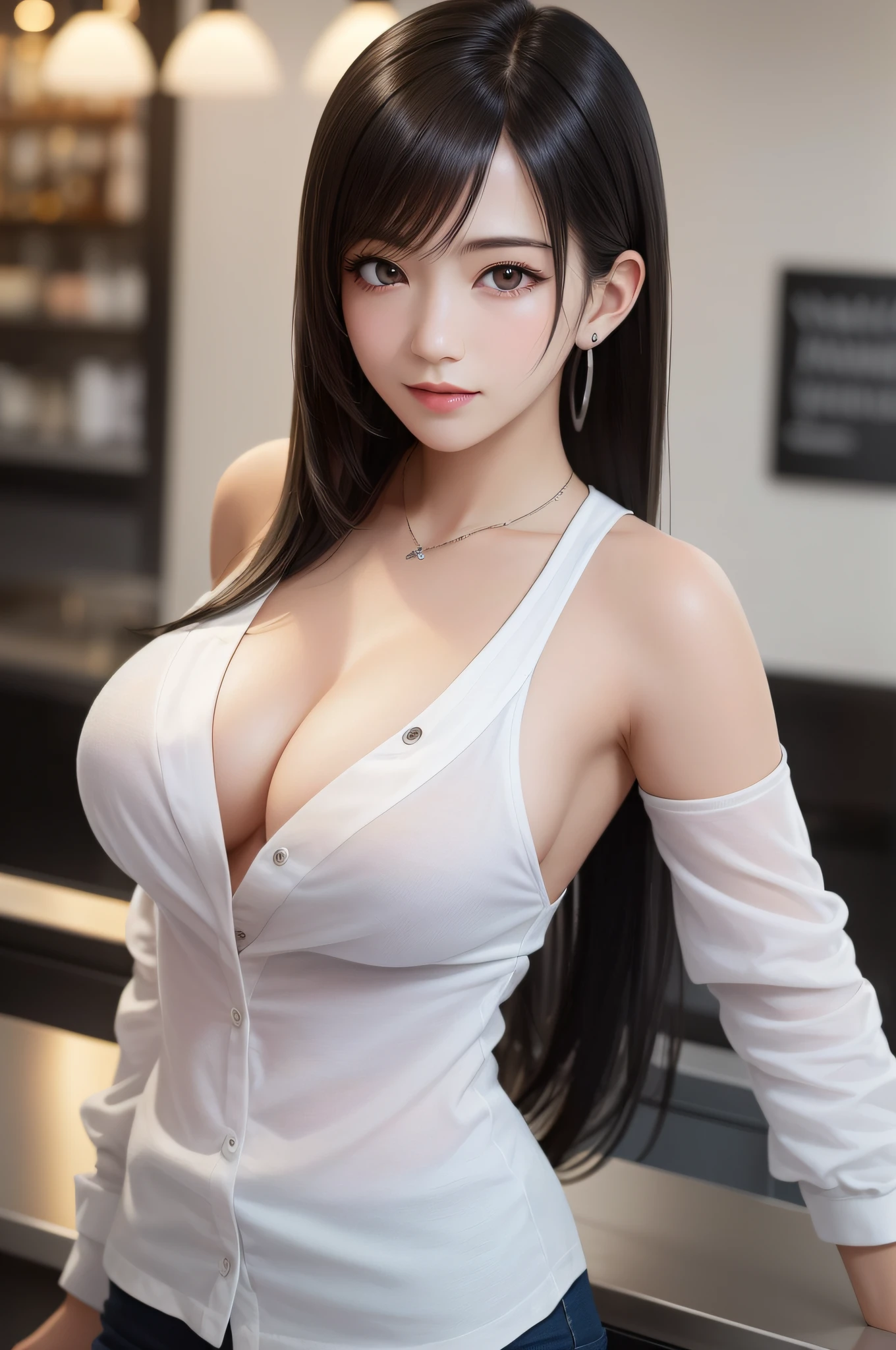 (Top Quality, Masterpiece: 1.1), (Real: 1.4), (location: a cozy coffee shop with warm lighting),(objects: a collection of high-end coffee equipment and freshly roasted beans), BREAK
(((FF7))) (((Tifa))),(1Girl:1.2),Ultra-detailed face, Detailed eyes,((Light Brown Hair, Large breasts: 1.2)),about 18 years old,(barista),Smile, BREAK 
(((FF7))) (((Tifa))),(white collared shirt, black trousers, long sleeves,black apron),(No Bra) (Small and beautiful hard nipple),(shiny oiled skin: 1.4),